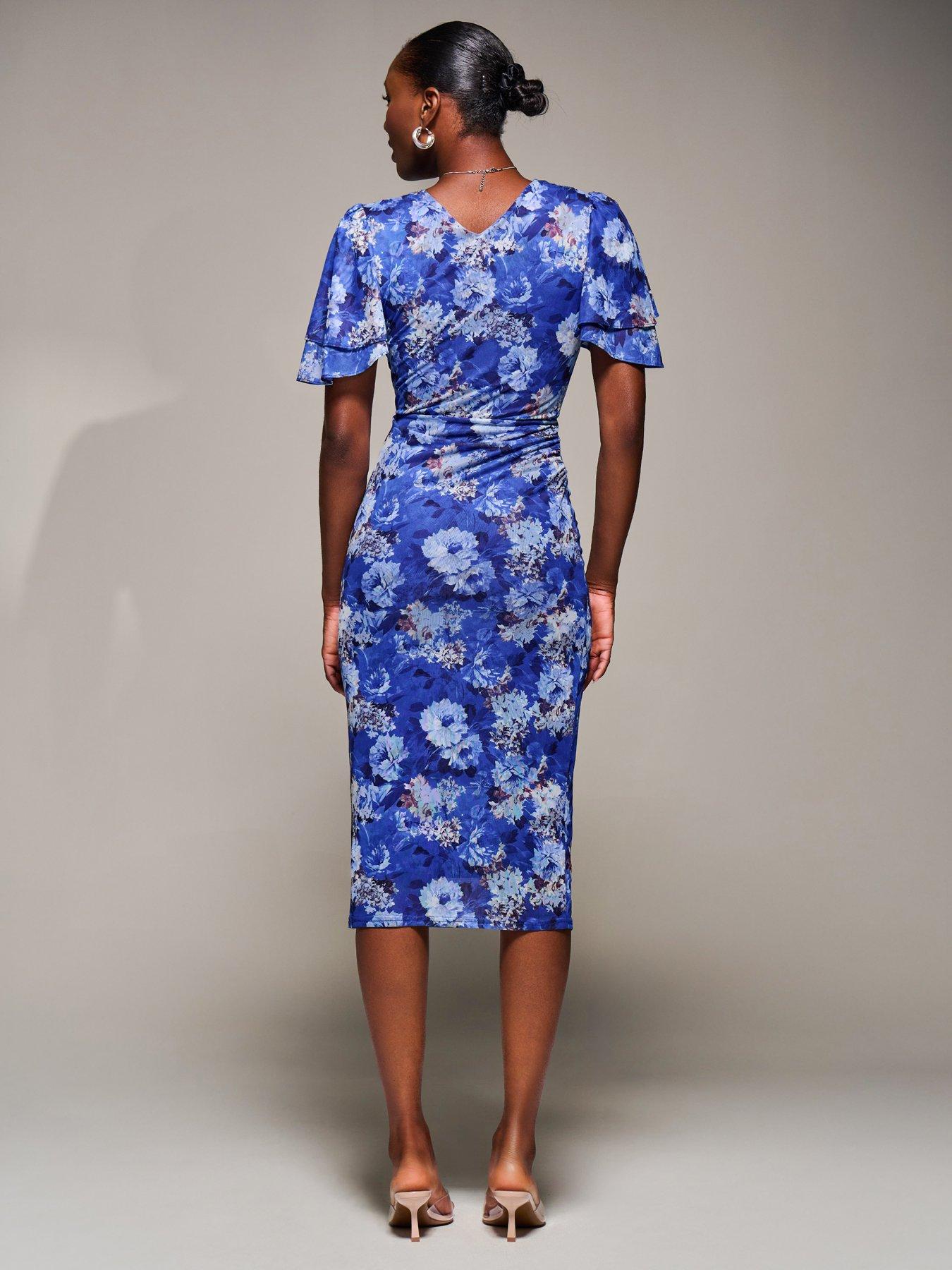 Image 2 of 7 of Jolie Moi Angel Sleeve Mesh Bodycon Dress - Blue