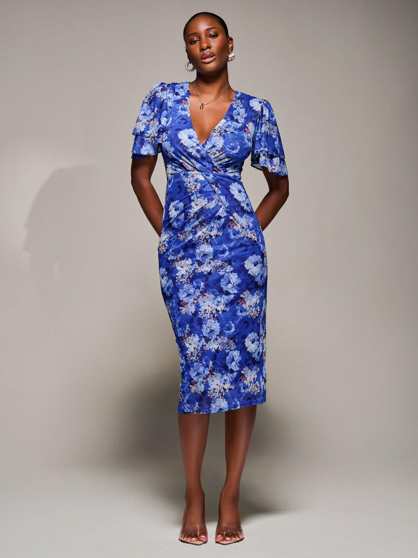 Image 3 of 7 of Jolie Moi Angel Sleeve Mesh Bodycon Dress - Blue