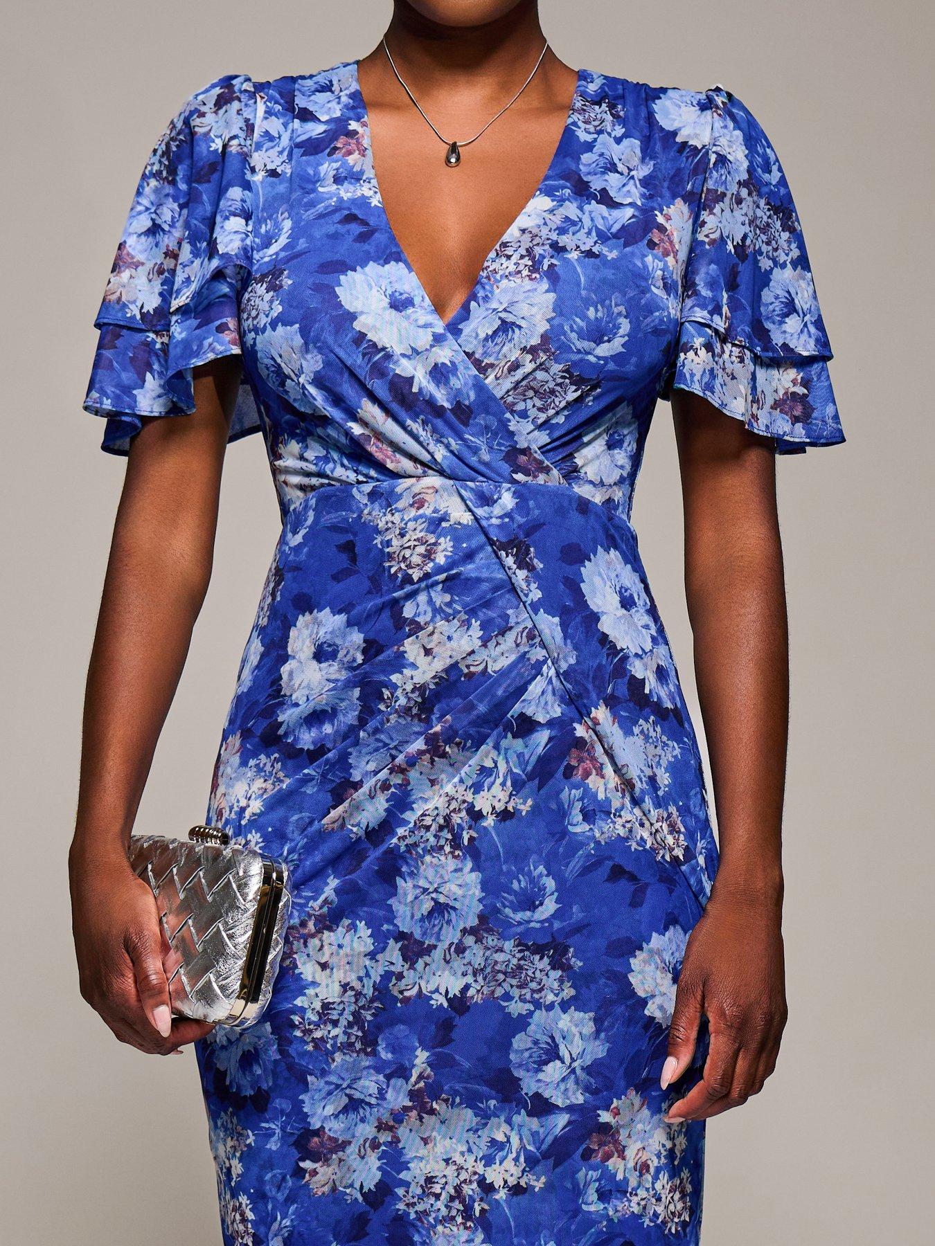 Image 4 of 7 of Jolie Moi Angel Sleeve Mesh Bodycon Dress - Blue