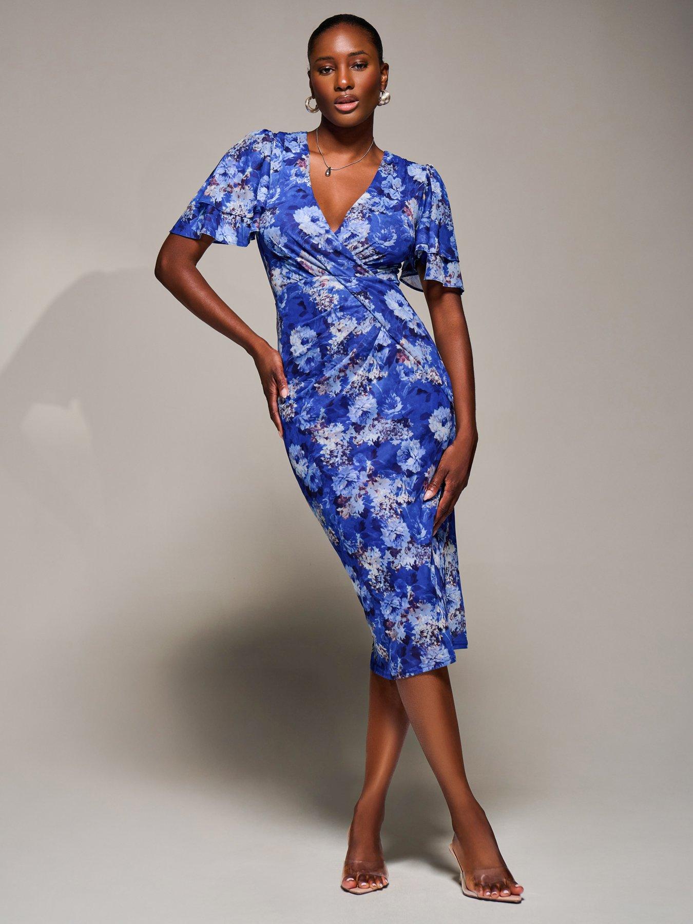 Image 5 of 7 of Jolie Moi Angel Sleeve Mesh Bodycon Dress - Blue