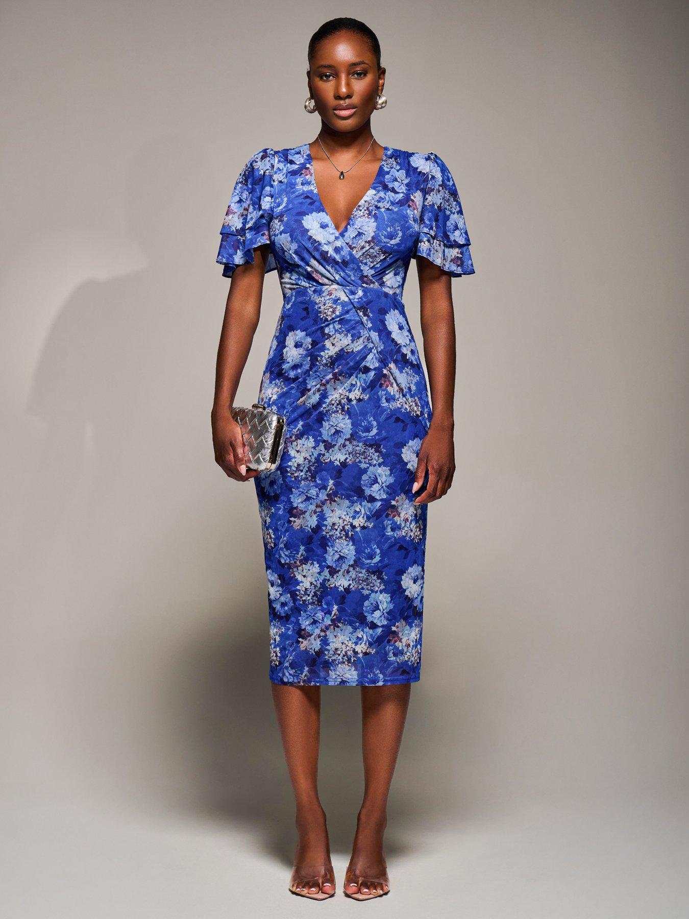 Image 6 of 7 of Jolie Moi Angel Sleeve Mesh Bodycon Dress - Blue