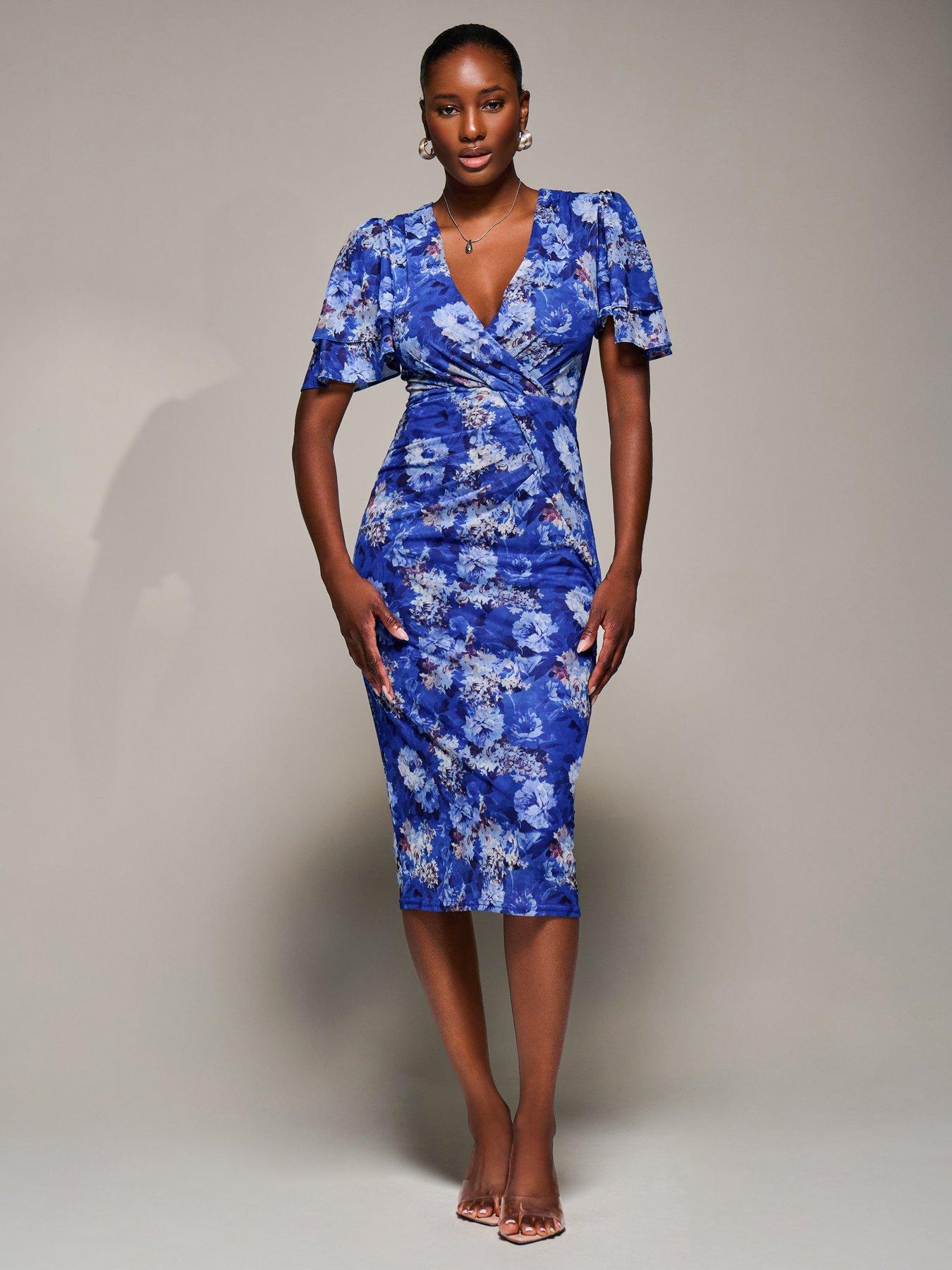 Image 7 of 7 of Jolie Moi Angel Sleeve Mesh Bodycon Dress - Blue