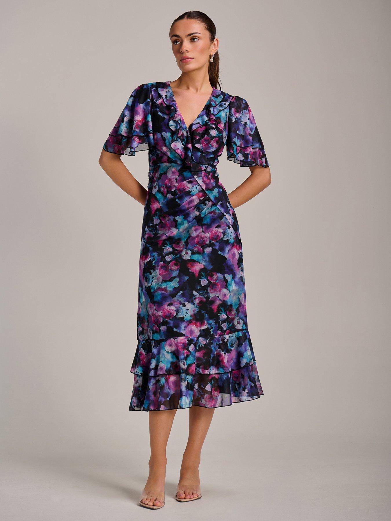Jolie Moi Ruffle Detail Ruched Mesh Midaxi Dress - Purple
