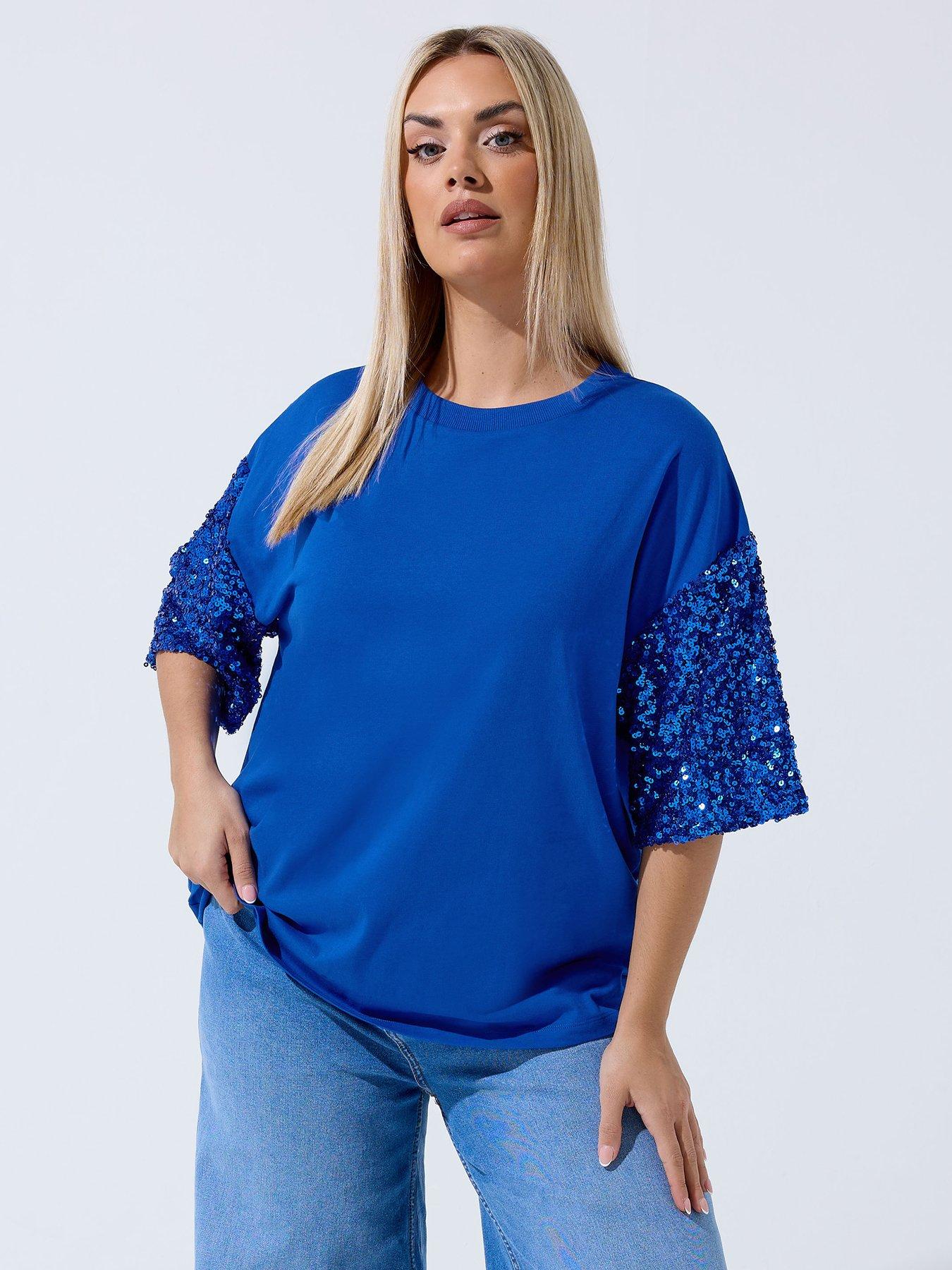 Image 1 of 5 of Yours Curve Sequin Sleeve T-Shirt - Blue