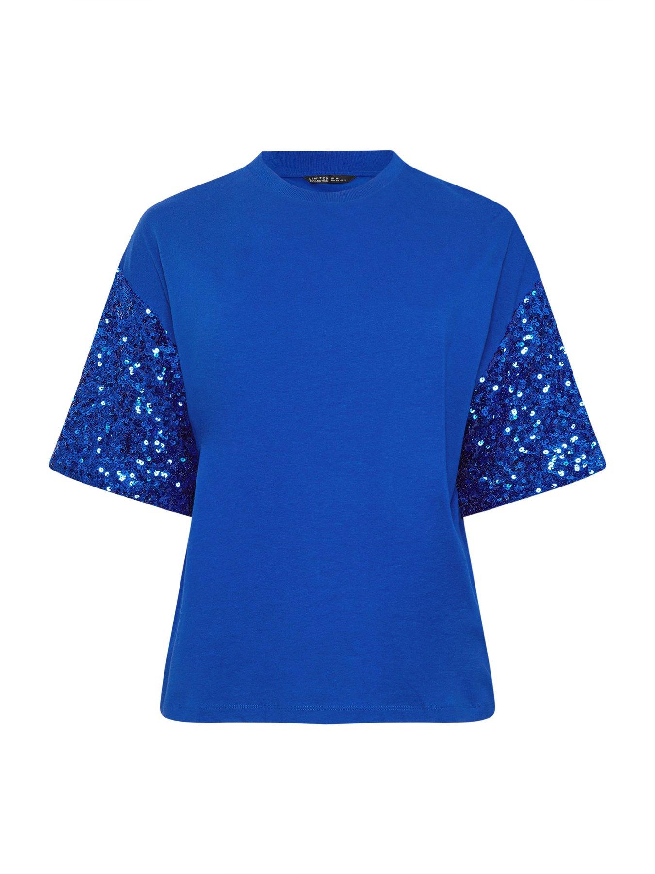Image 5 of 5 of Yours Curve Sequin Sleeve T-Shirt - Blue