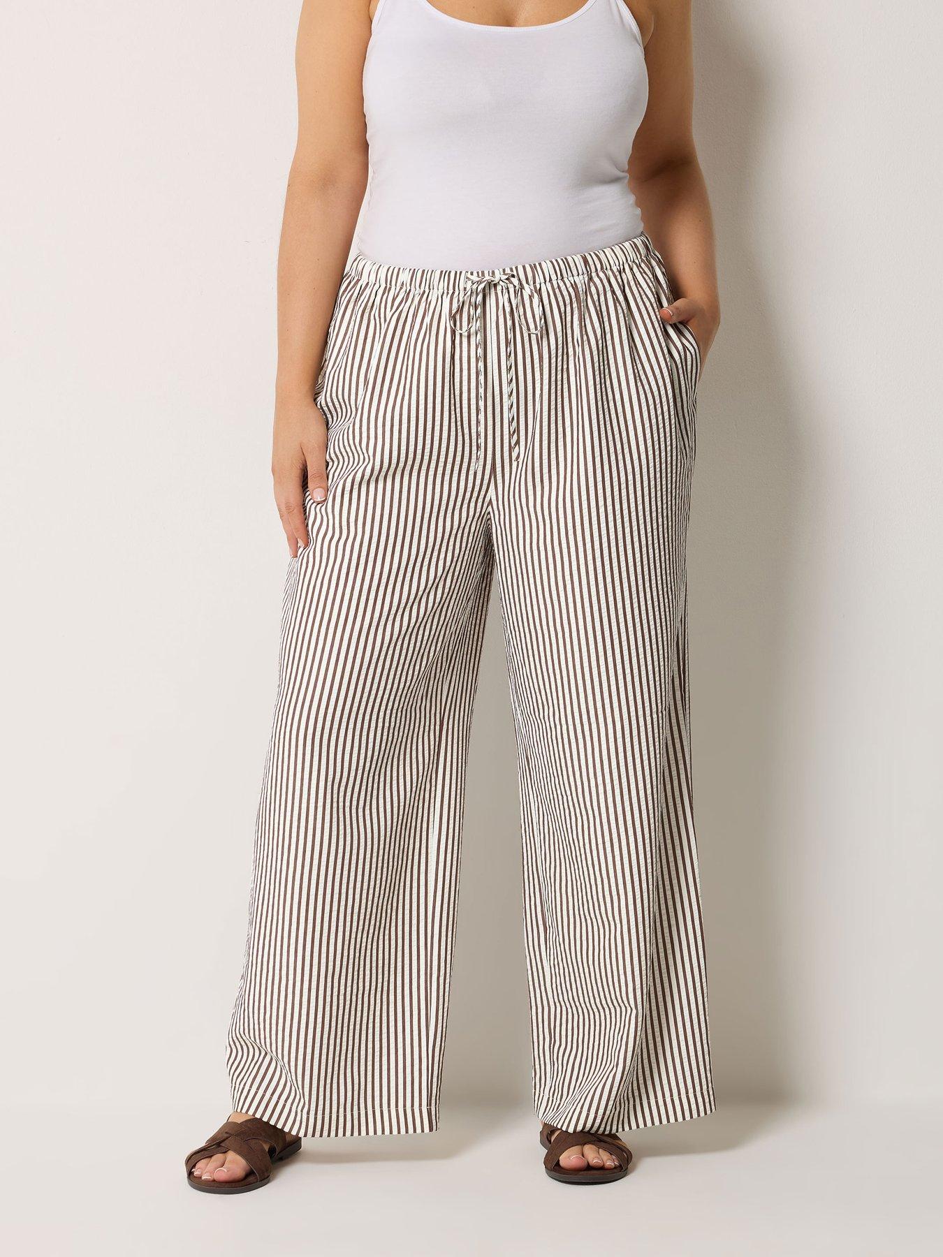 Yours Curve Crinkle Stripe Trousers - Brown