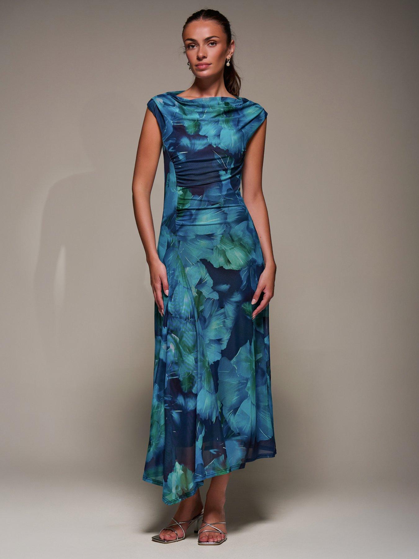 Jolie Moi Slash Neck Ruched Mesh Maxi Dress - Blue
