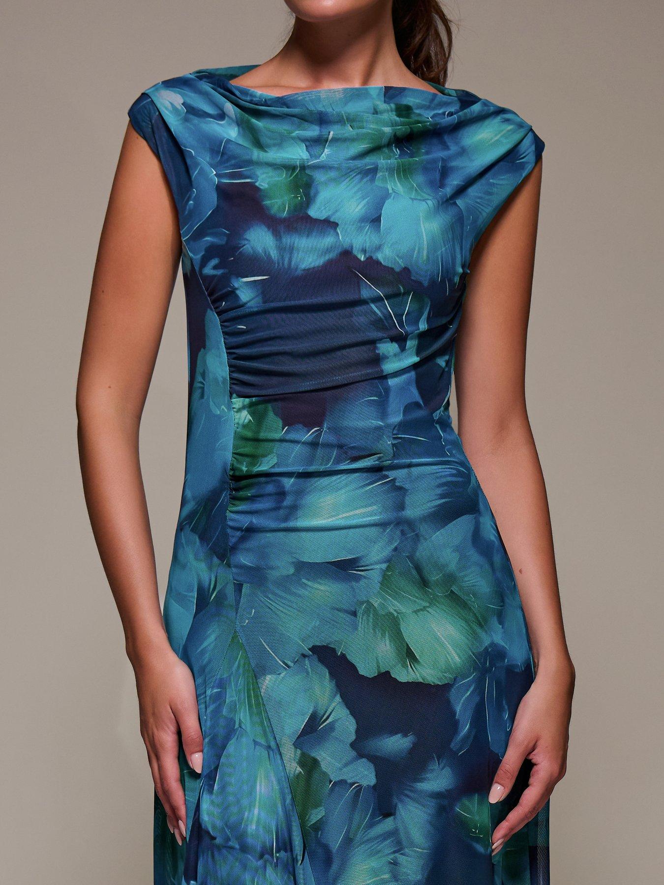 Jolie Moi Slash Neck Ruched Mesh Maxi Dress - Blue | Very