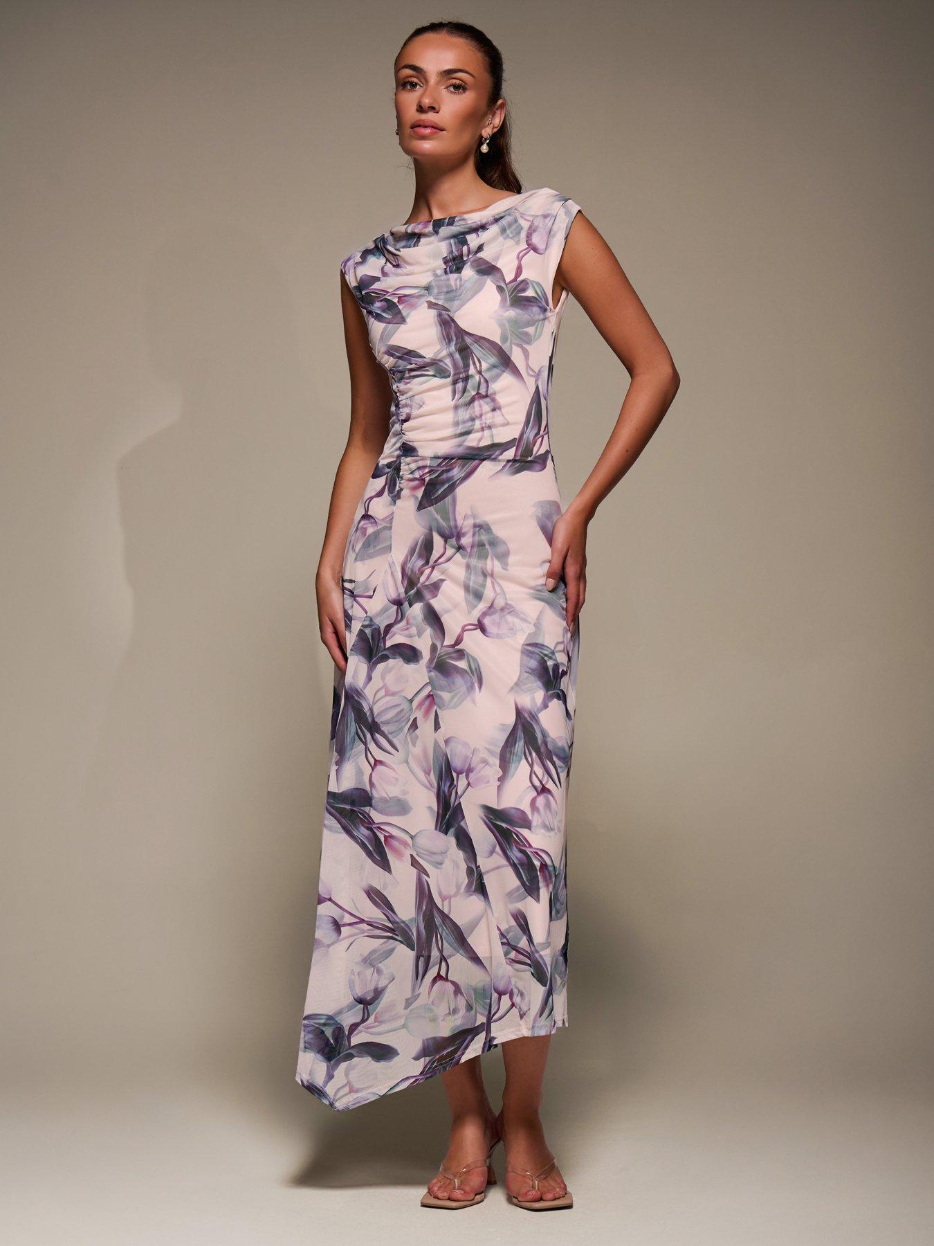 Jolie Moi Slash Neck Ruched Mesh Maxi Dress - Beige