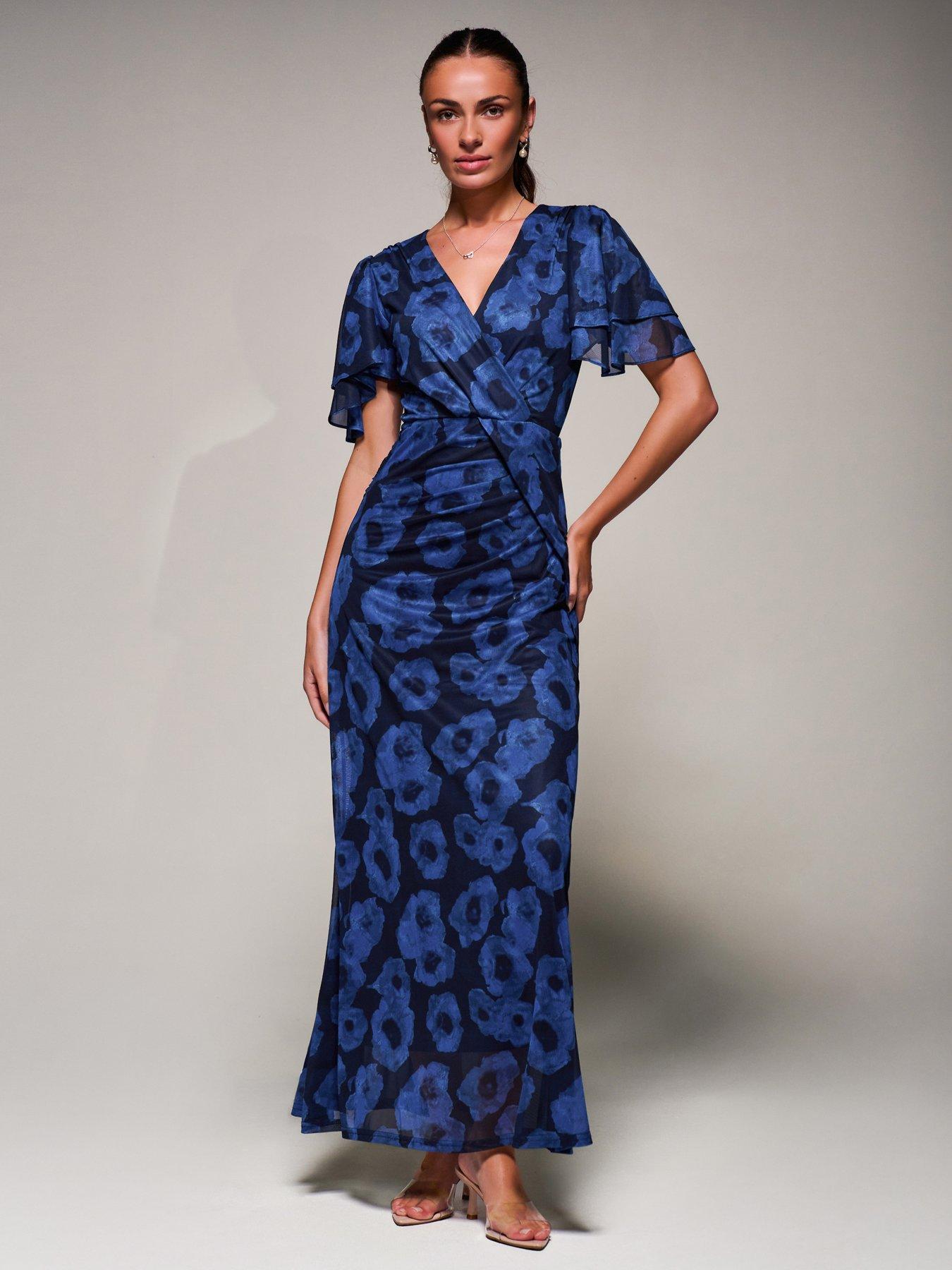 fitted lace wedding dress Jolie Moi Animal Print Wrap Neck Maxi Dress, Blue – Jolie Moi Retail main image 1