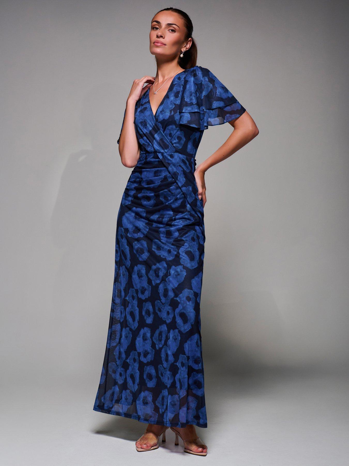 Jolie Moi Angel Sleeve Draped Mesh Maxi Dress - Blue | Very