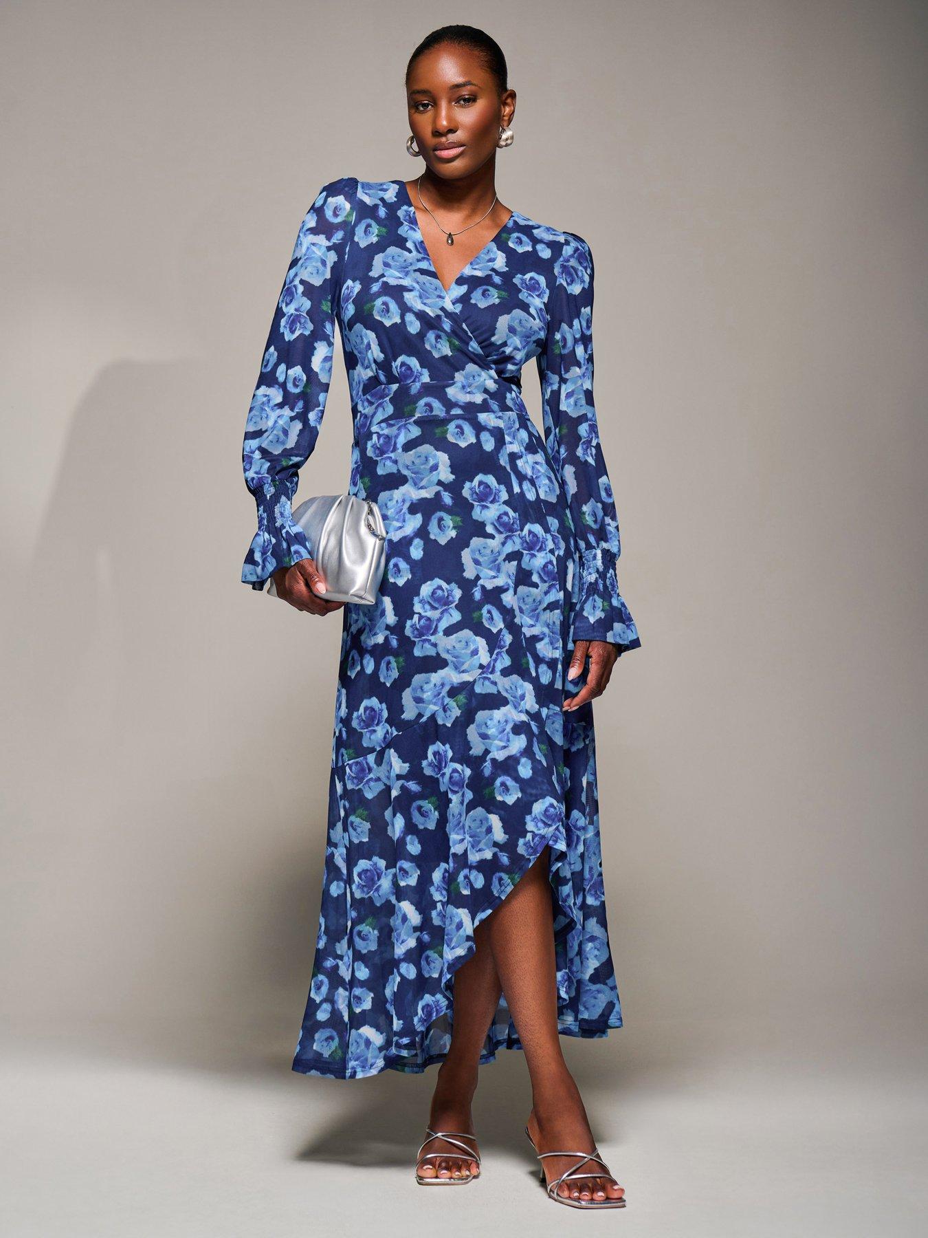 Jolie Moi Ruffle Cuffed Sleeve Frill Mesh Maxi Dress - Blue