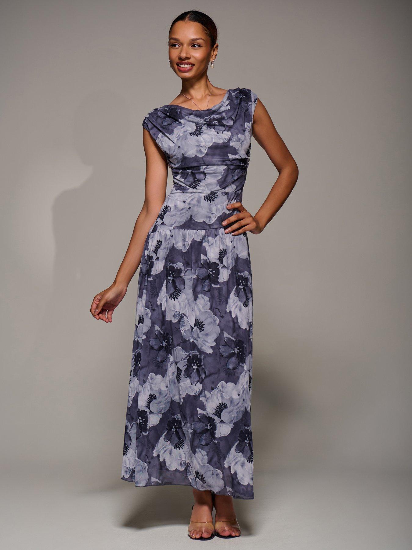 Jolie Moi Asymmetric Draped Mesh Maxi Dress - Black