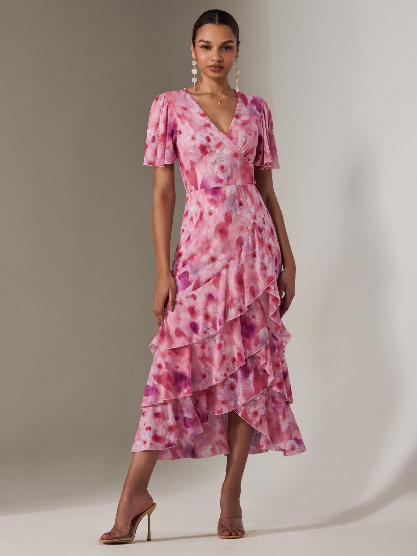 Image 1 of 7 of Jolie Moi Mesh Print Frill Hem Midaxi Dress - Pink