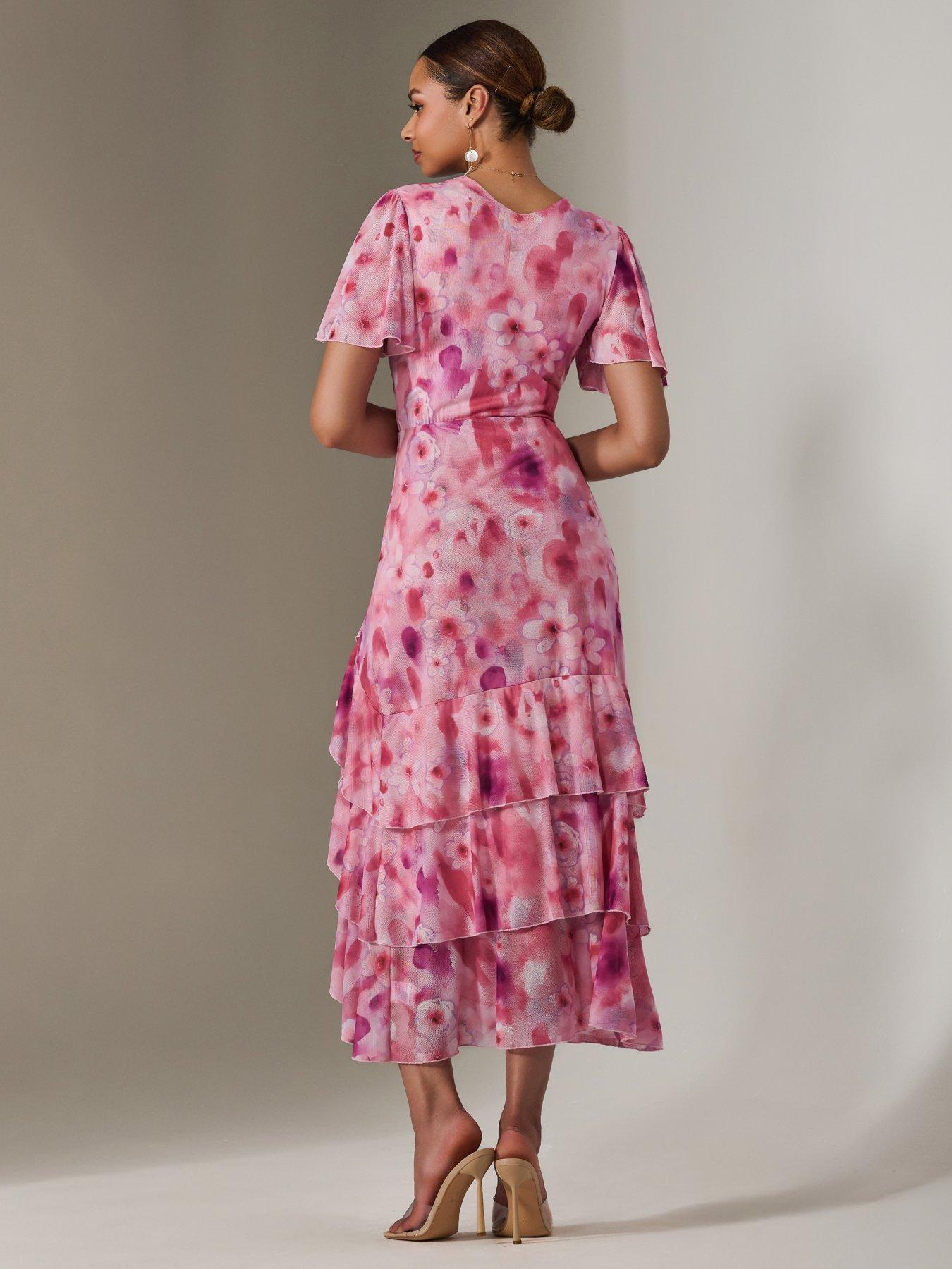 Image 2 of 7 of Jolie Moi Mesh Print Frill Hem Midaxi Dress - Pink
