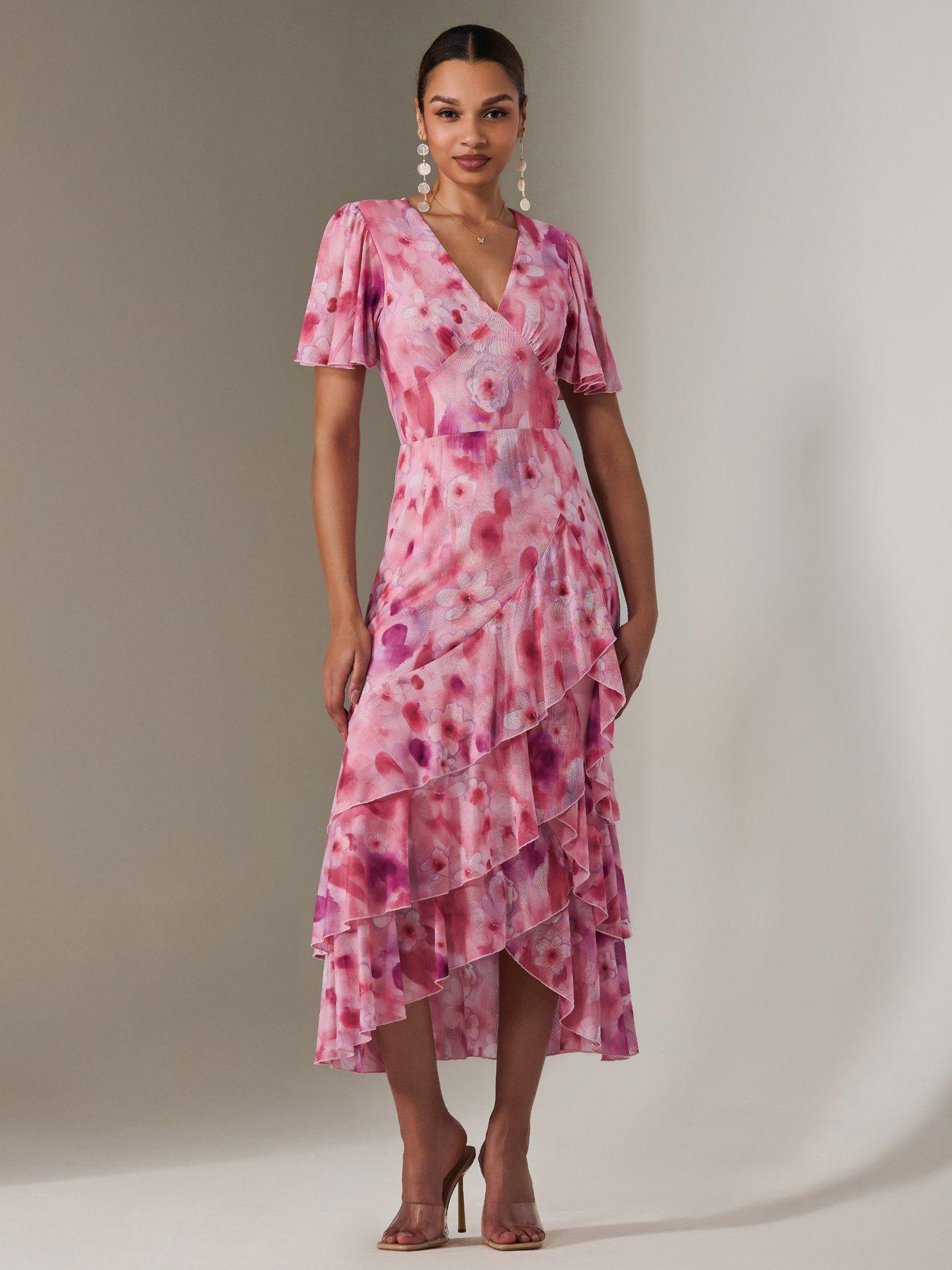 Image 3 of 7 of Jolie Moi Mesh Print Frill Hem Midaxi Dress - Pink