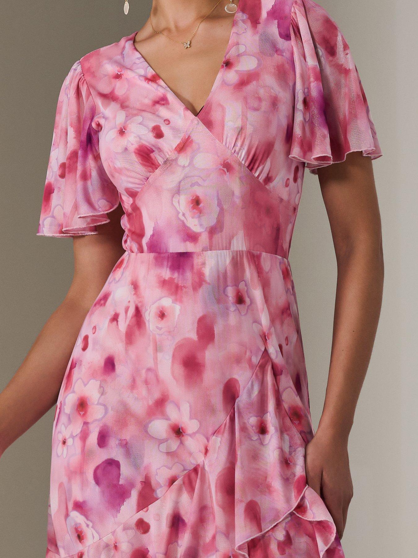 Image 4 of 7 of Jolie Moi Mesh Print Frill Hem Midaxi Dress - Pink