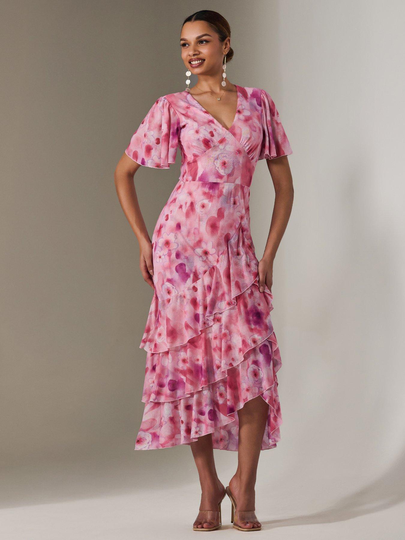 Image 5 of 7 of Jolie Moi Mesh Print Frill Hem Midaxi Dress - Pink
