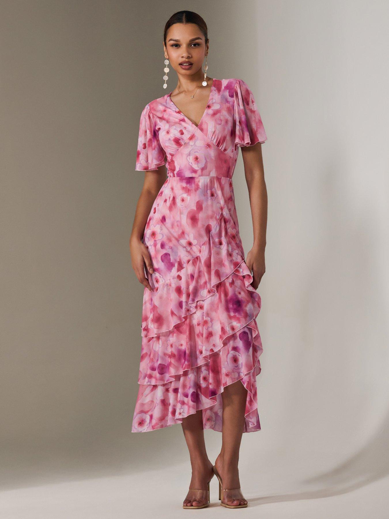 Image 6 of 7 of Jolie Moi Mesh Print Frill Hem Midaxi Dress - Pink