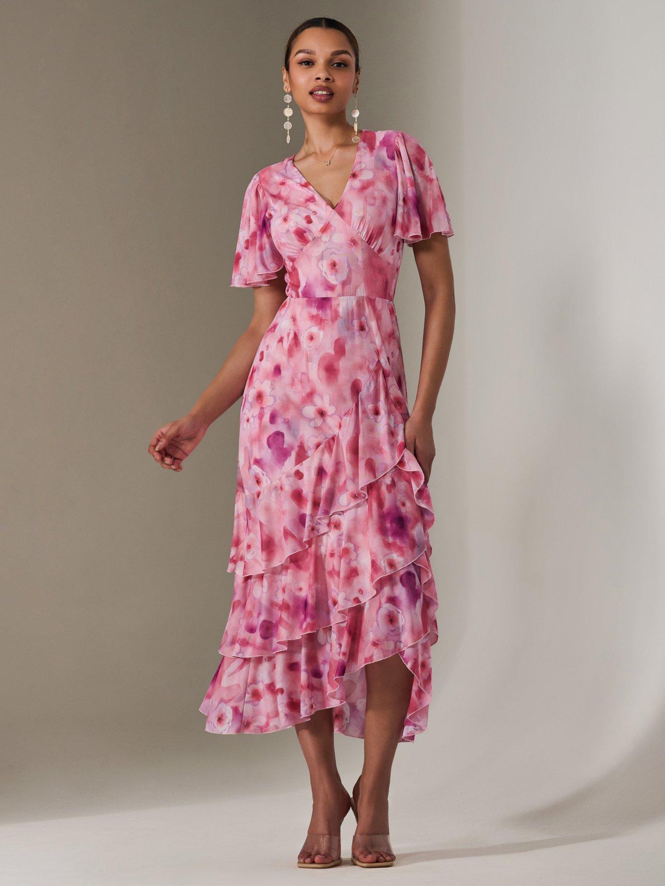 Image 7 of 7 of Jolie Moi Mesh Print Frill Hem Midaxi Dress - Pink