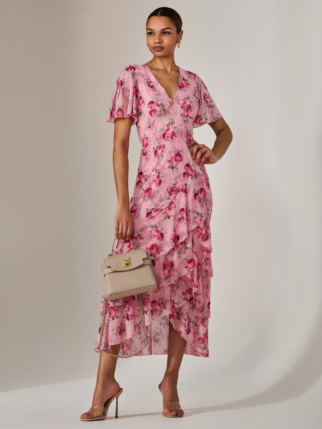 Jolie Moi Mesh Print Frill Hem Midaxi Dress - Pink