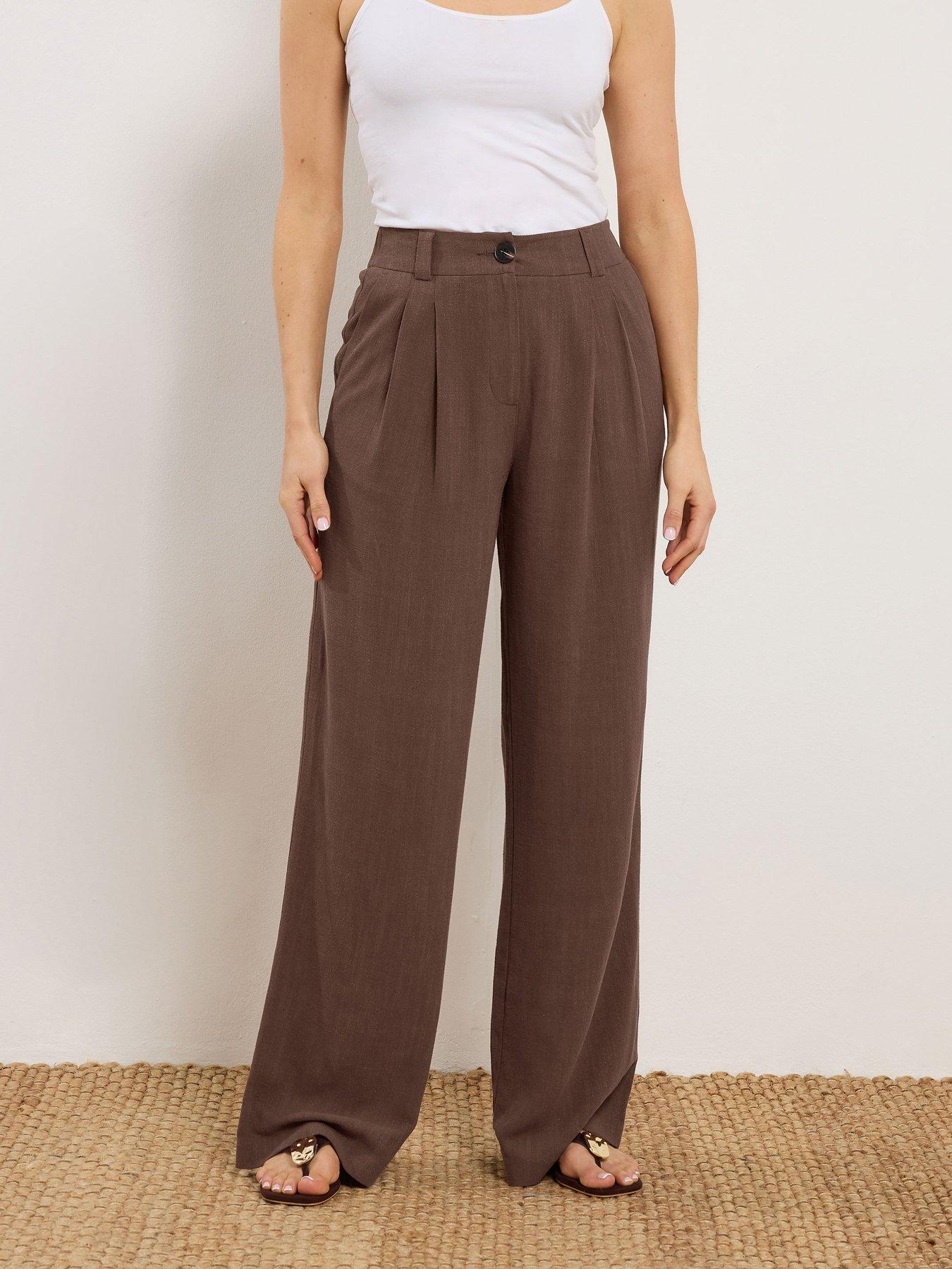 Long Tall Sally Linen Pleat Front Trousers 36" - Brown