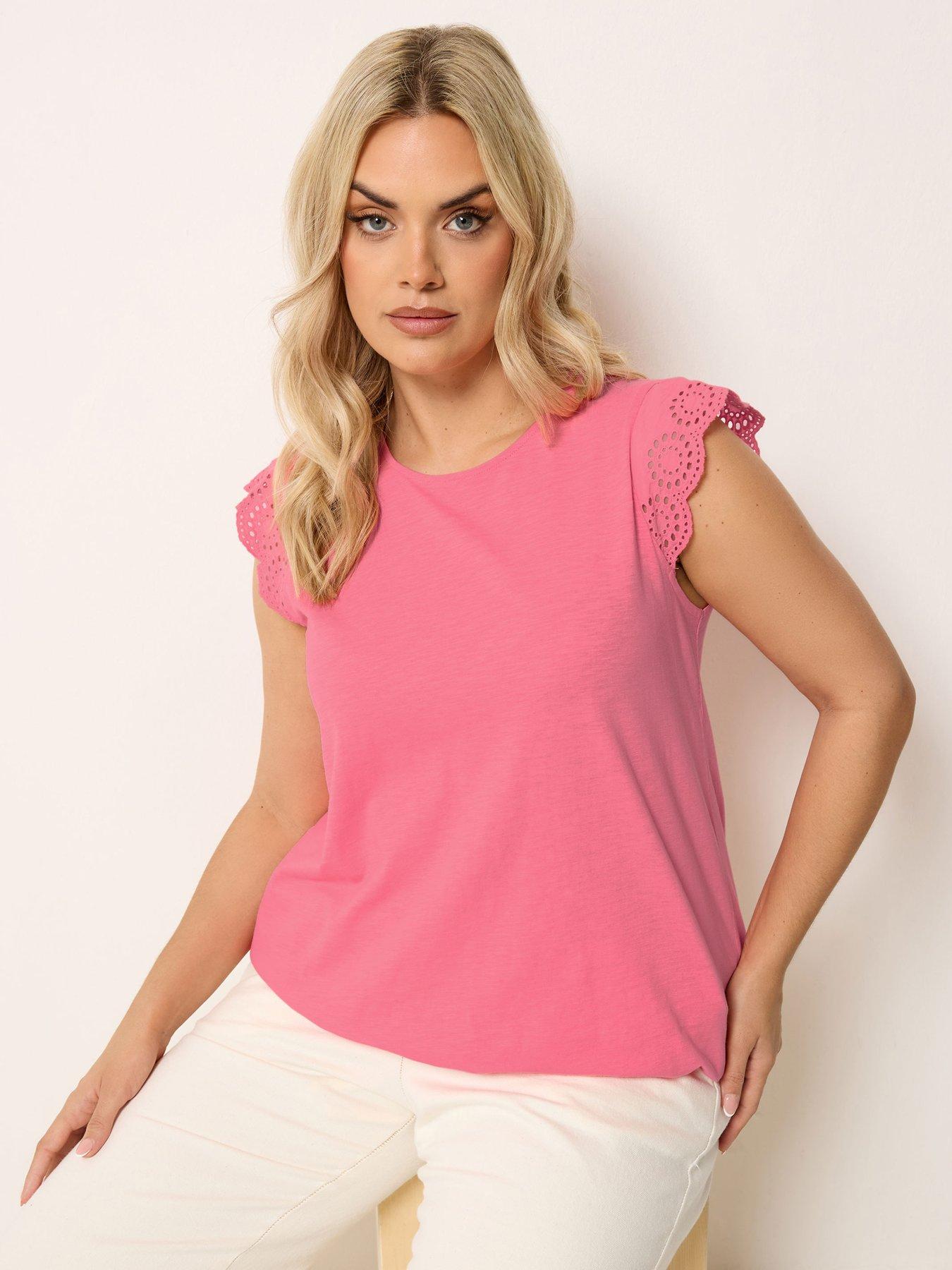 Yours Curve Broderie Frill Sleeve Vest - Pink