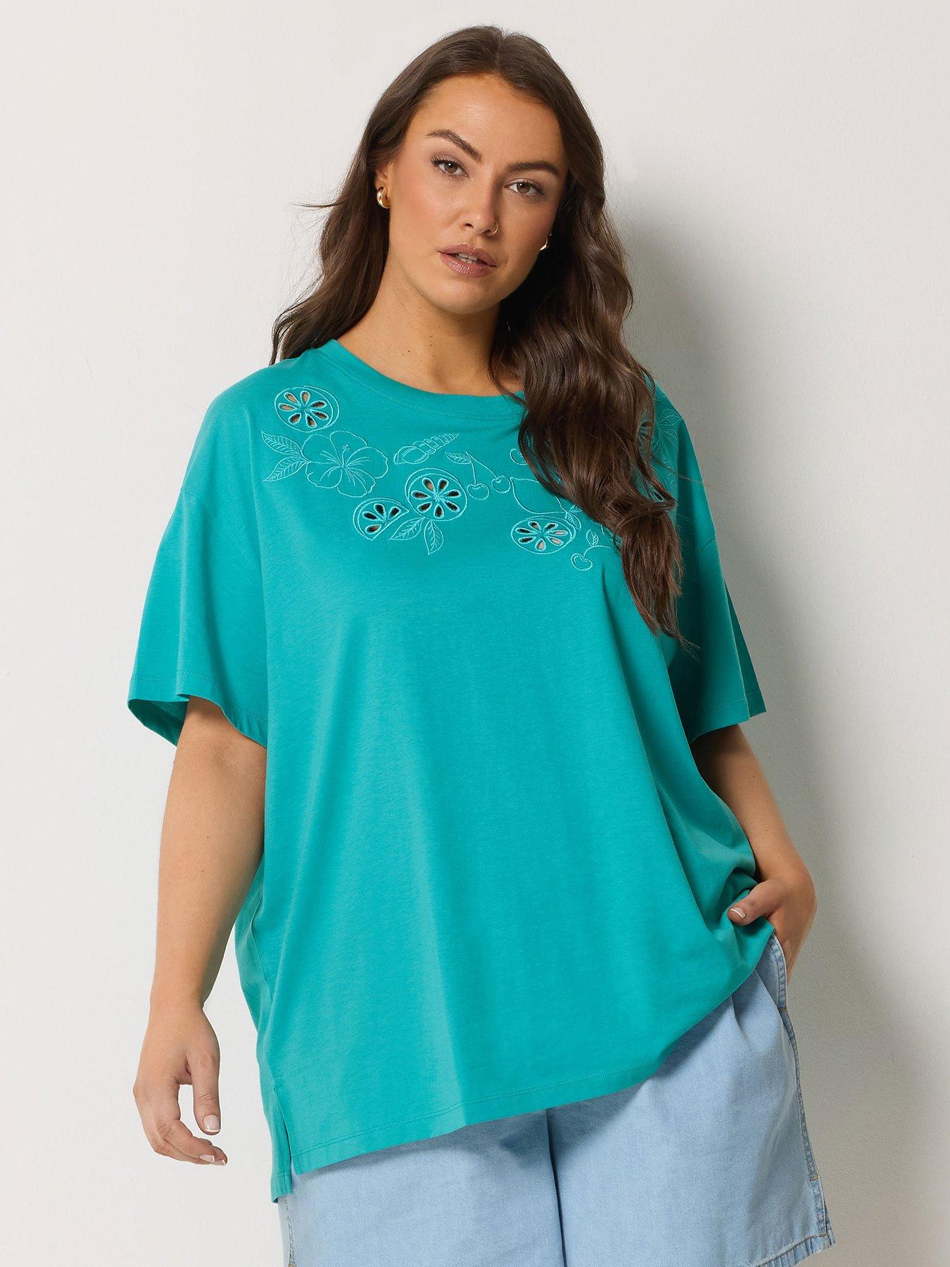 Yours Curve Applique Fruit Print T-Shirt - Blue