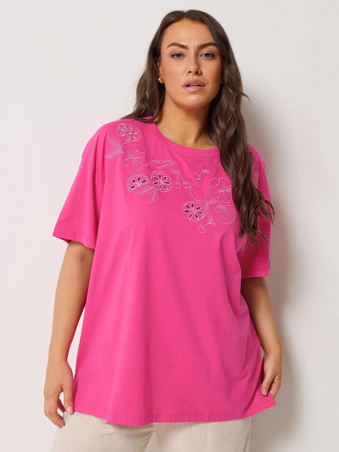 Image 1 of 5 of Yours Curve Applique Fruit Print T-Shirt - Pink