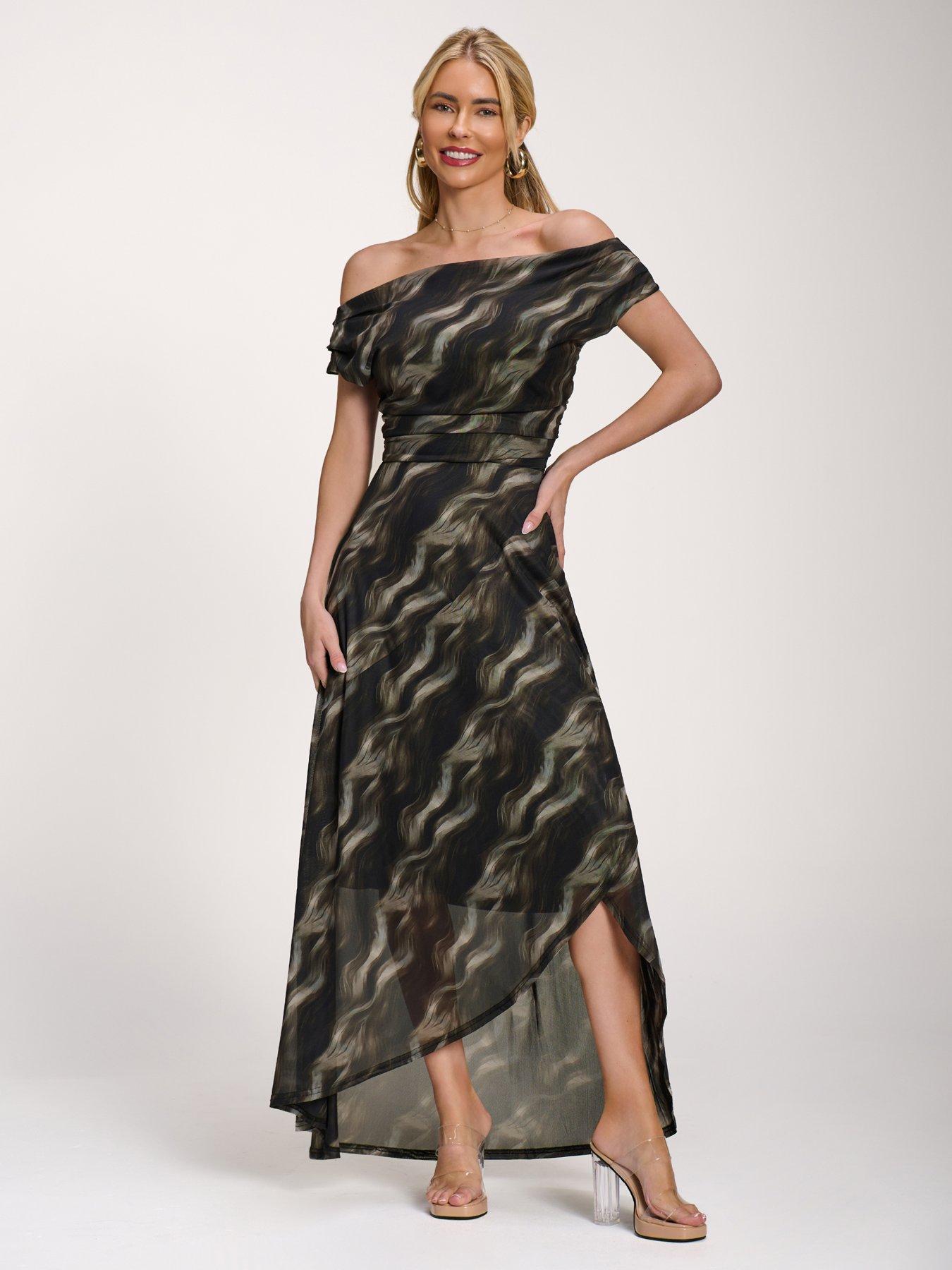 Jolie Moi Asymmetric Draped Mesh Maxi Dress - Green