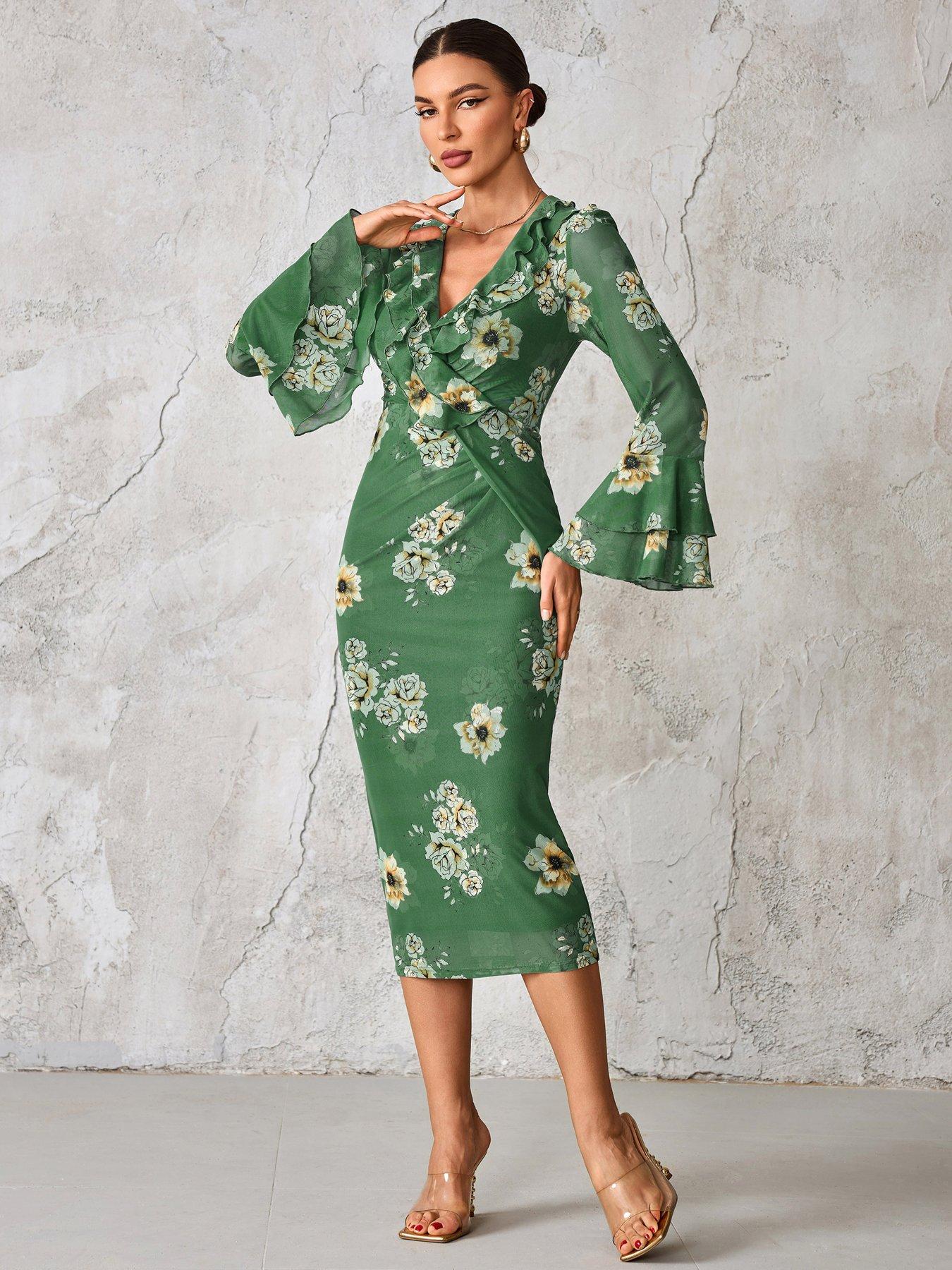 Jolie Moi Frill Sleeve Pleated Wrap Midi Dress - Green | Very