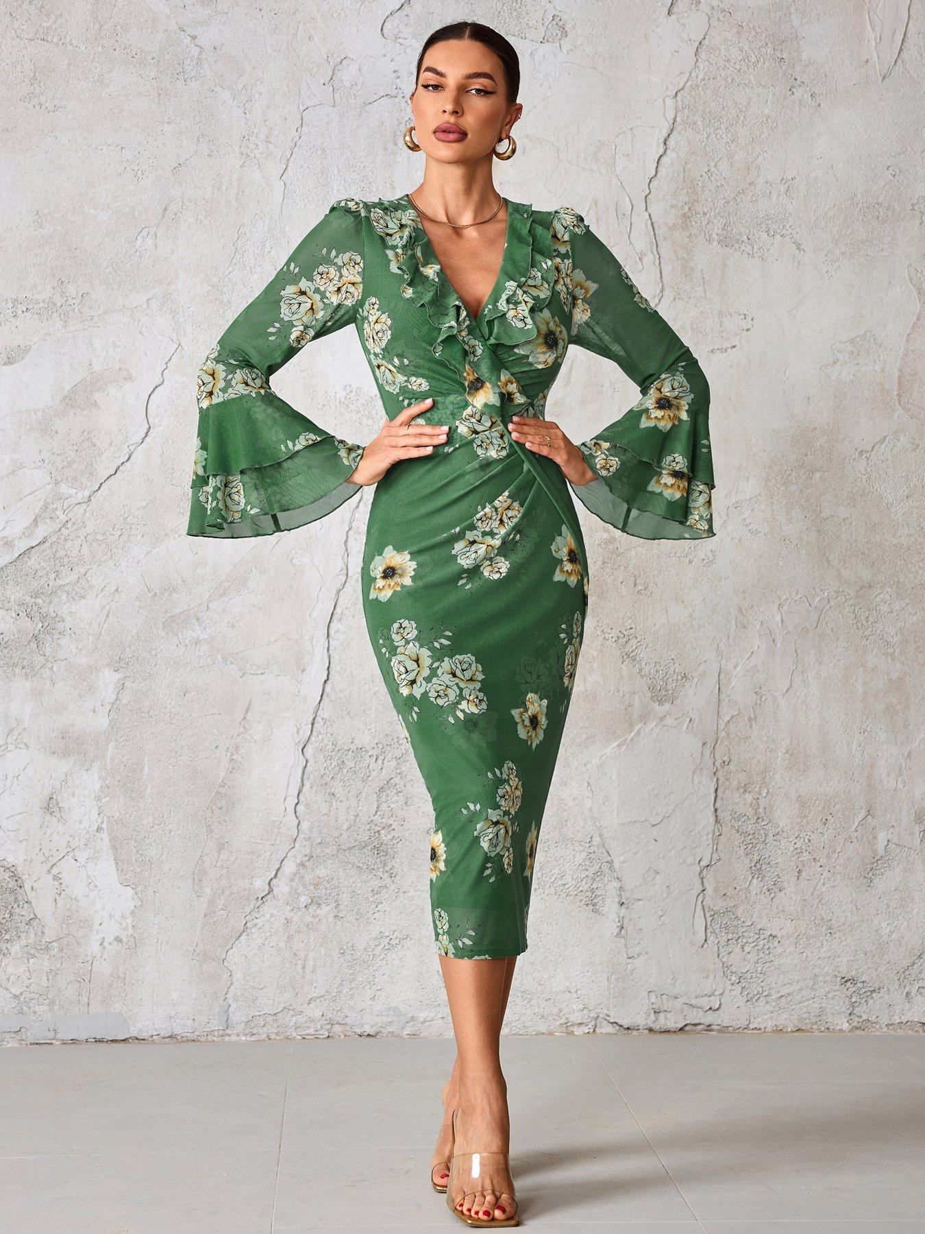 green ruffle wedding guest dress Reese Ruffle Dress ~ Moss Green Crisp – Show Me Your Mumu main image 0