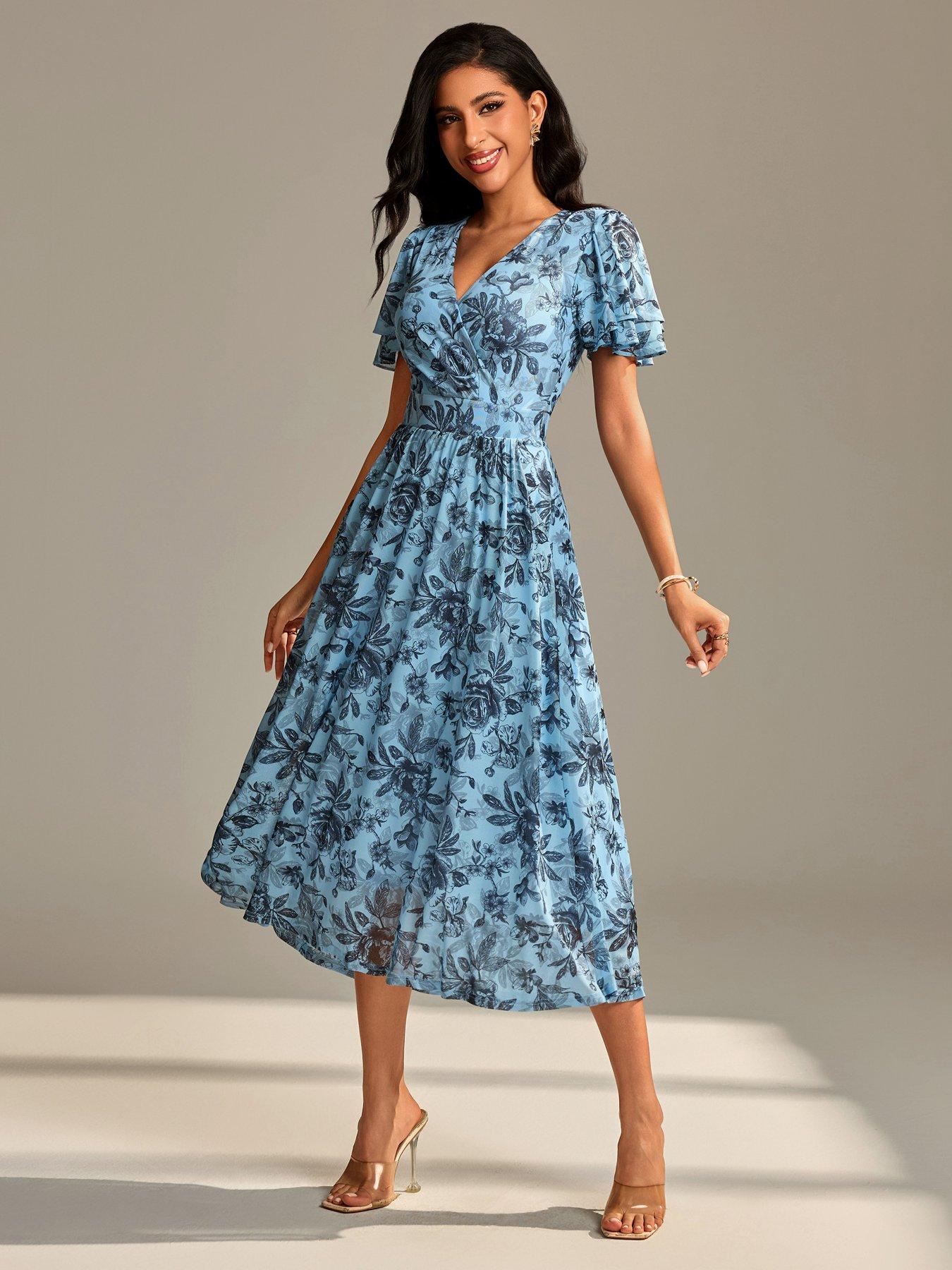 Jolie Moi Flutter Sleeve Mesh Maxi Dress - Blue