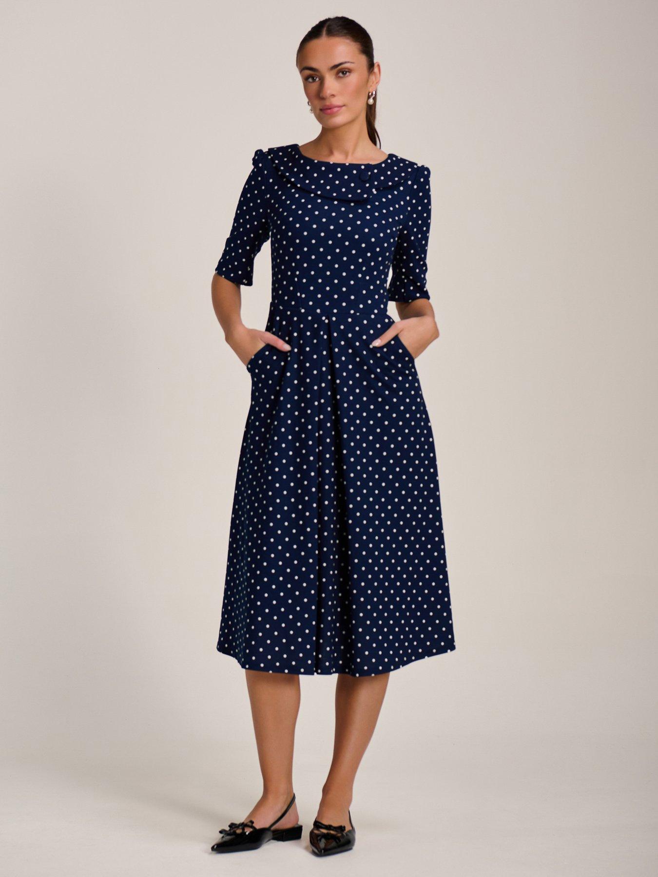 Image 1 of 7 of Jolie Moi Printed Scuba Fold Collar Midi Dress - Navy