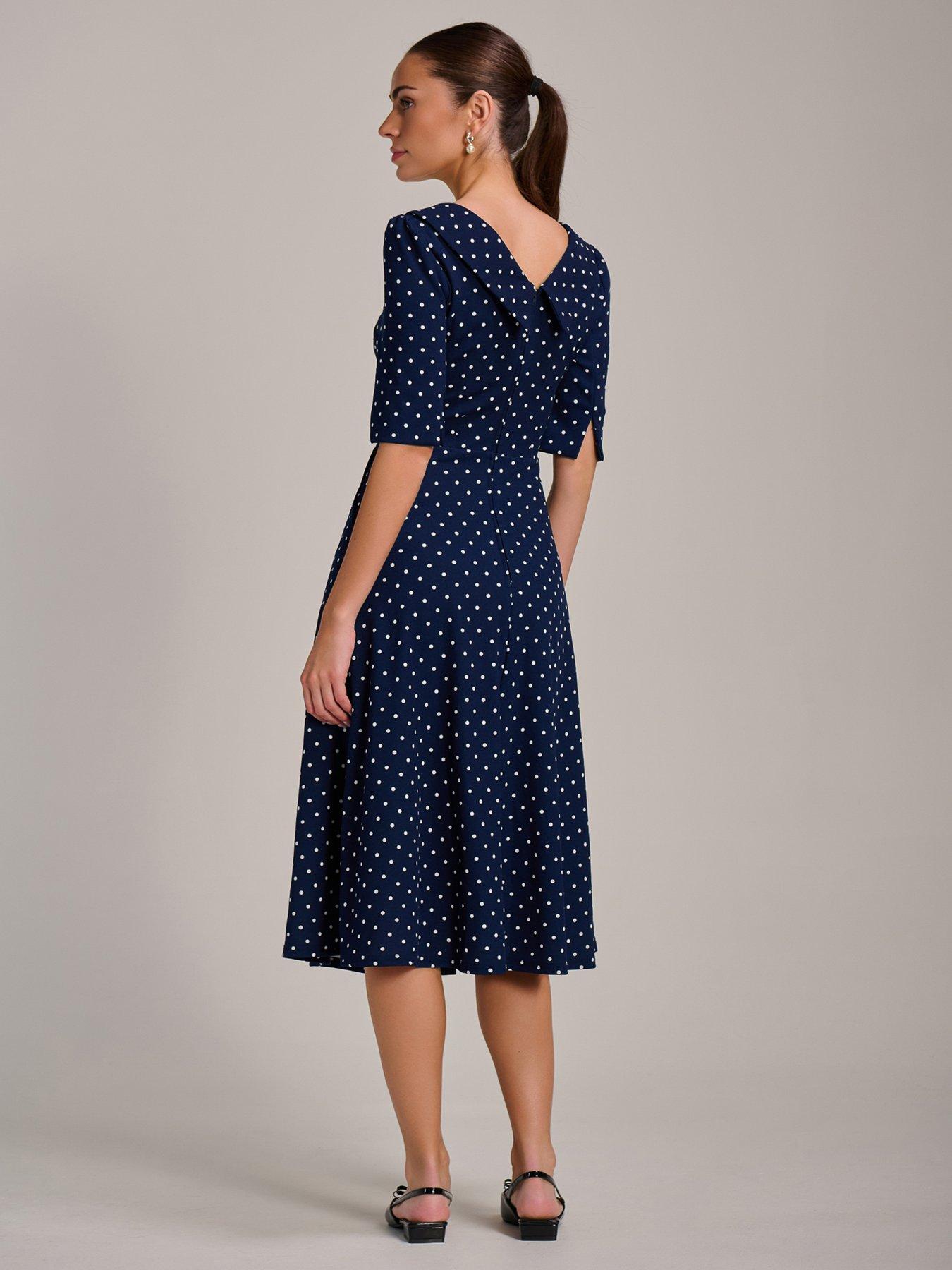 Image 2 of 7 of Jolie Moi Printed Scuba Fold Collar Midi Dress - Navy