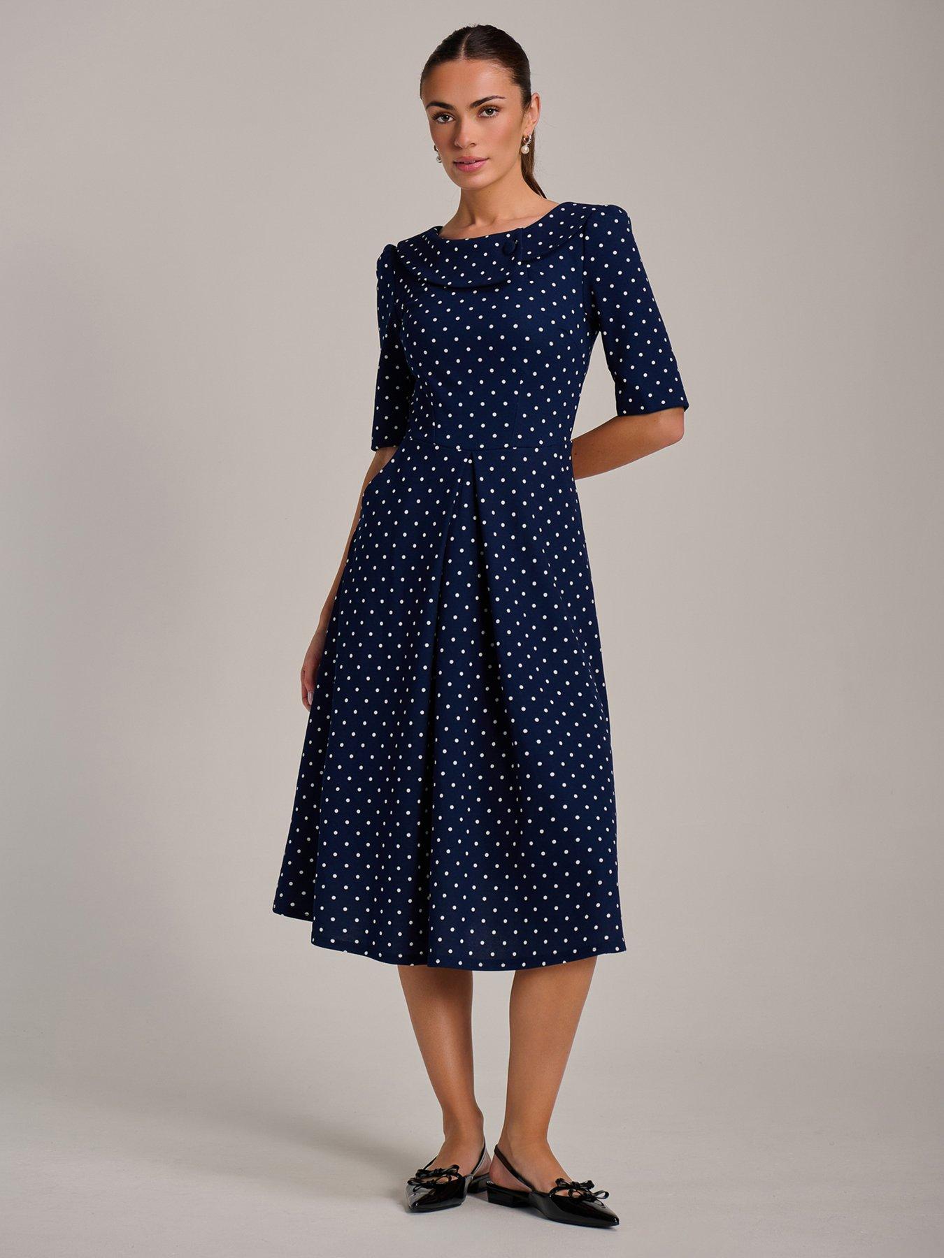 Image 3 of 7 of Jolie Moi Printed Scuba Fold Collar Midi Dress - Navy