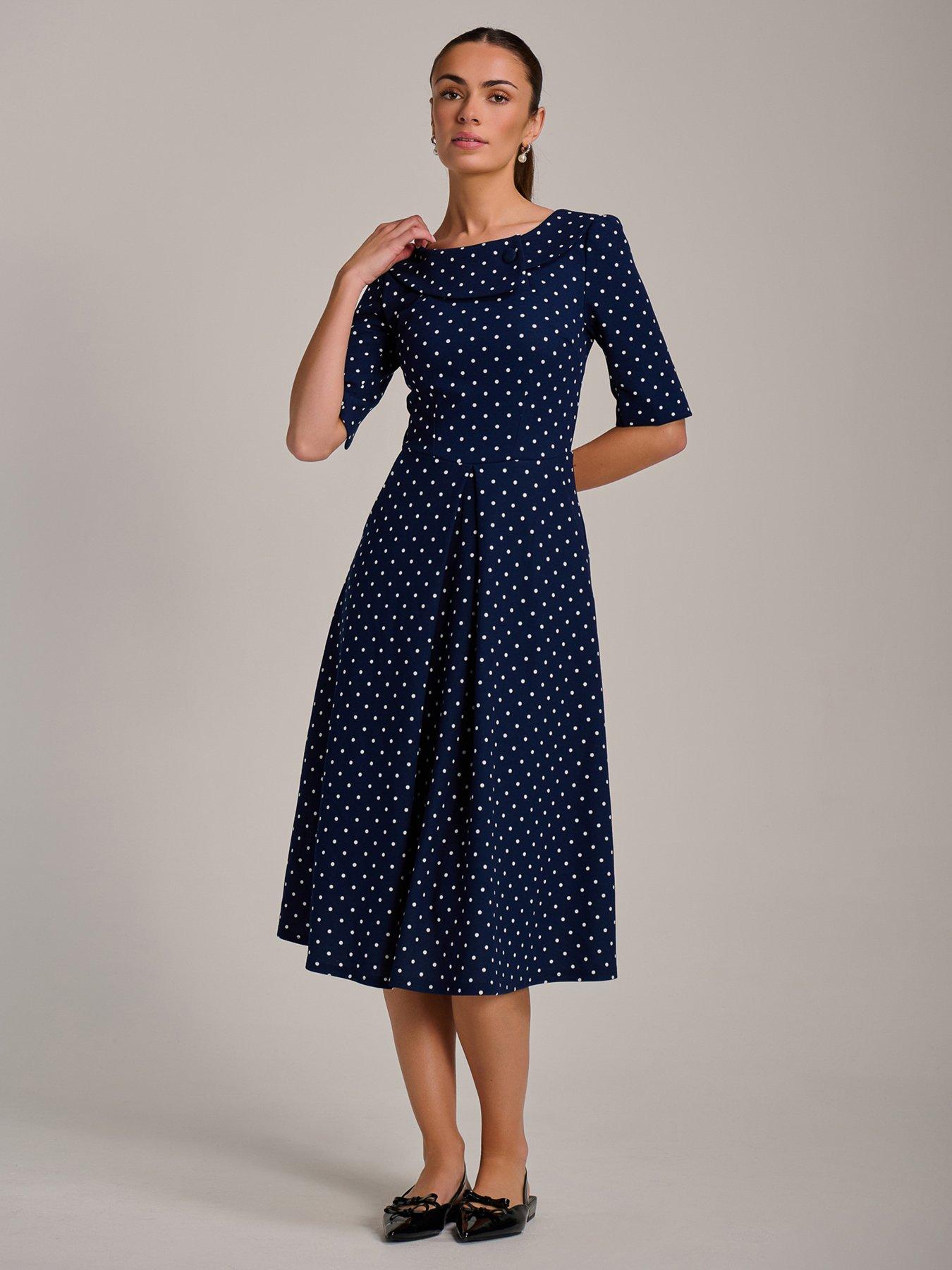 Image 5 of 7 of Jolie Moi Printed Scuba Fold Collar Midi Dress - Navy