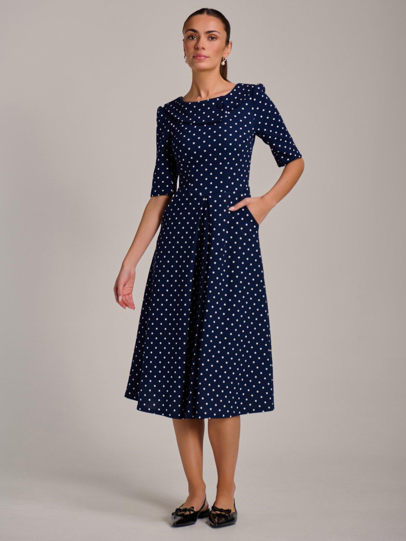Image 6 of 7 of Jolie Moi Printed Scuba Fold Collar Midi Dress - Navy