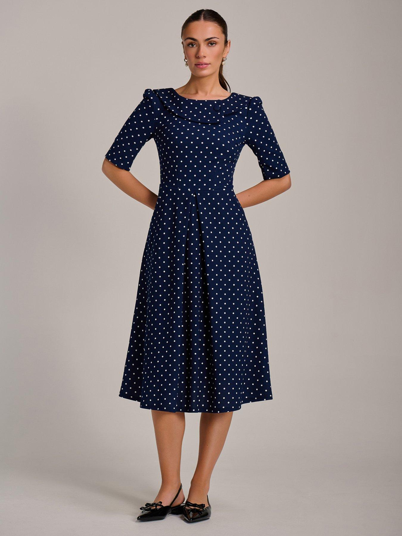 Image 7 of 7 of Jolie Moi Printed Scuba Fold Collar Midi Dress - Navy