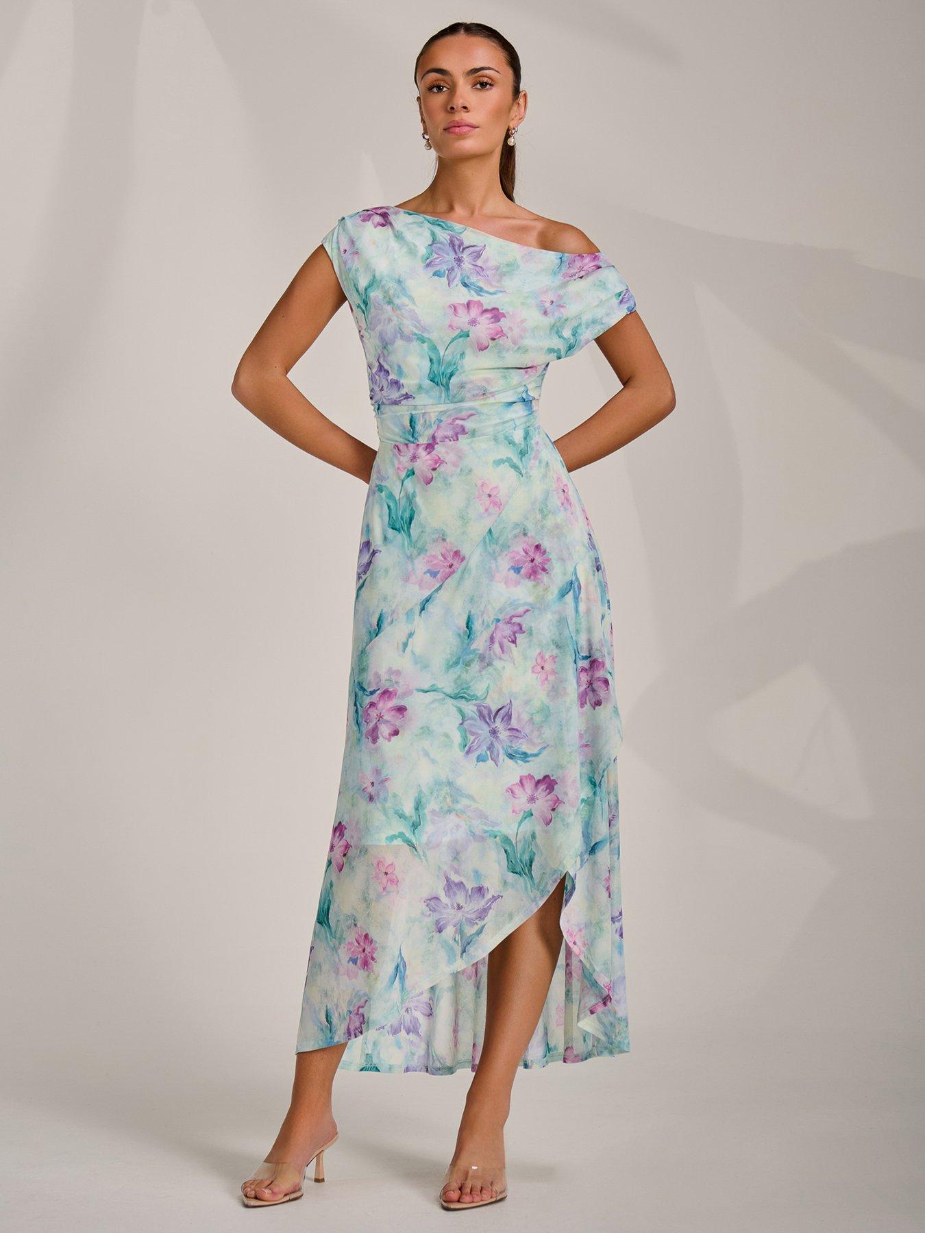 Jolie Moi Asymmetric Draped Mesh Maxi Dress - Green
