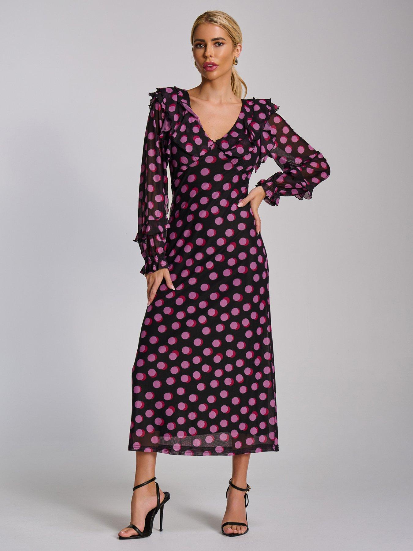 Jolie Moi Ruffle V Neck Long Sleeve Mesh Midaxi Dress - Pink