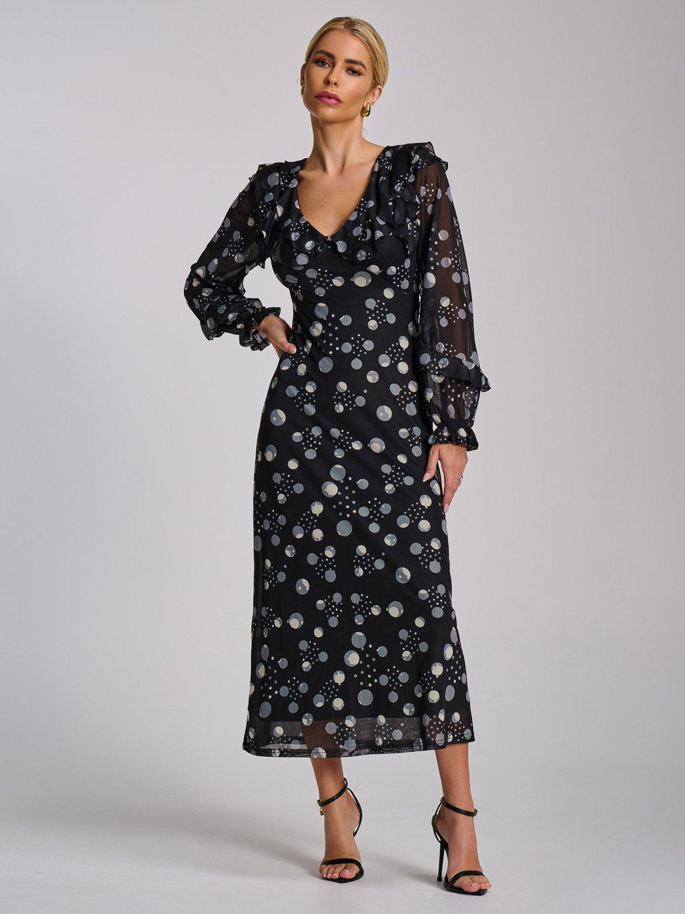 Jolie Moi Ruffle V Neck Long Sleeve Mesh Midaxi Dress - Black