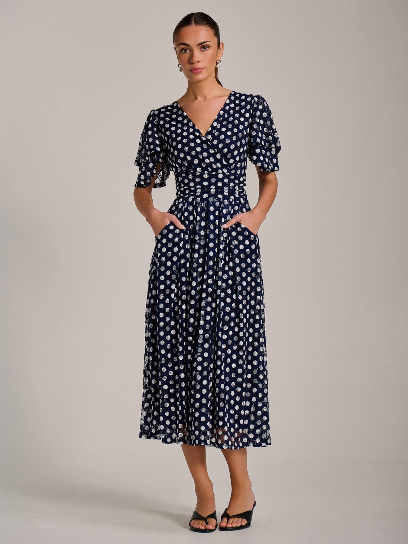 Image 1 of 7 of Jolie Moi Angel Sleeve Print Lace Maxi Dress - Navy