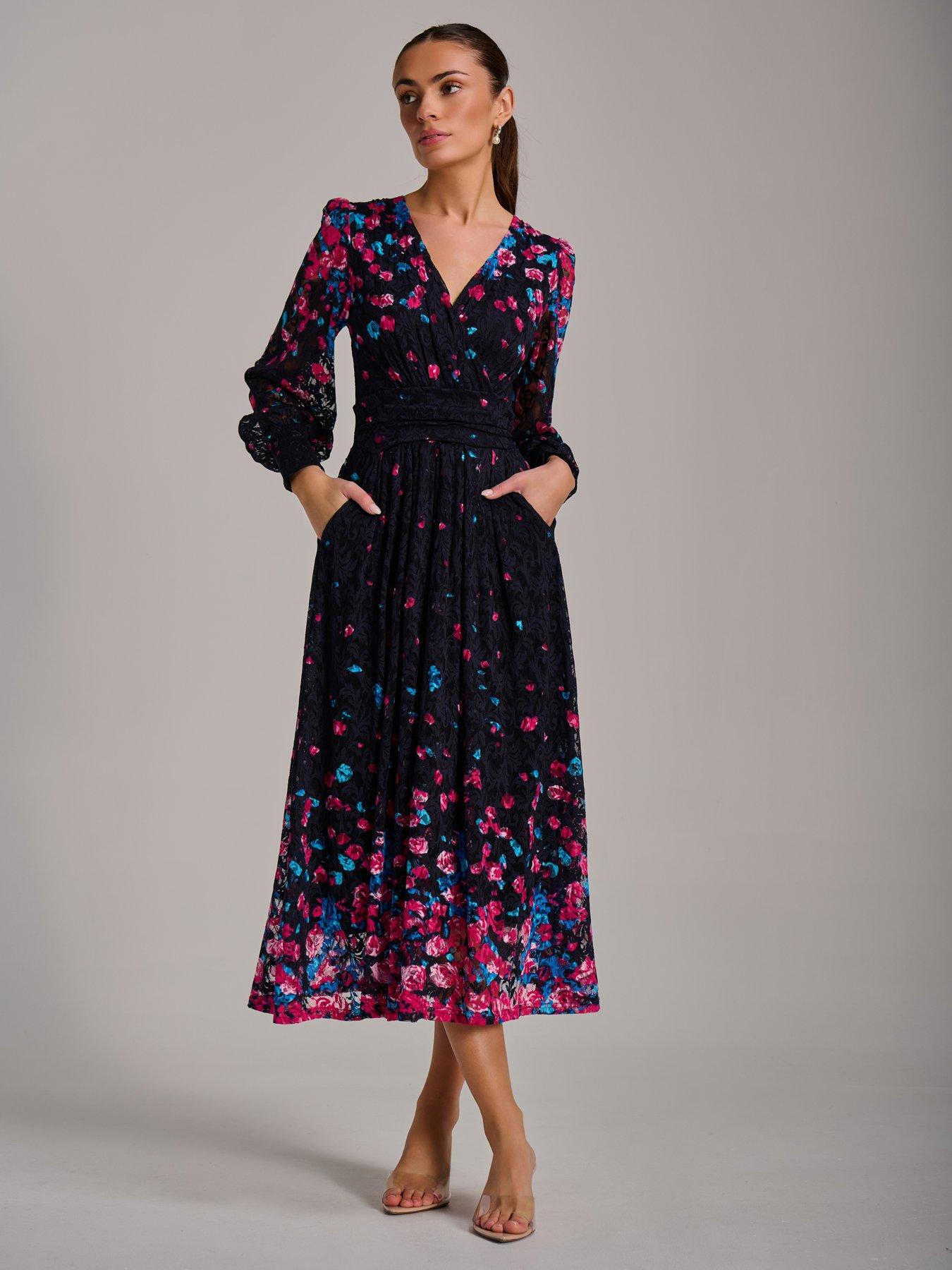 chinese dress ladies Long Sleeve Printed Lace Midi Dress, Green Multi – Jolie Moi Wholesale main image 1