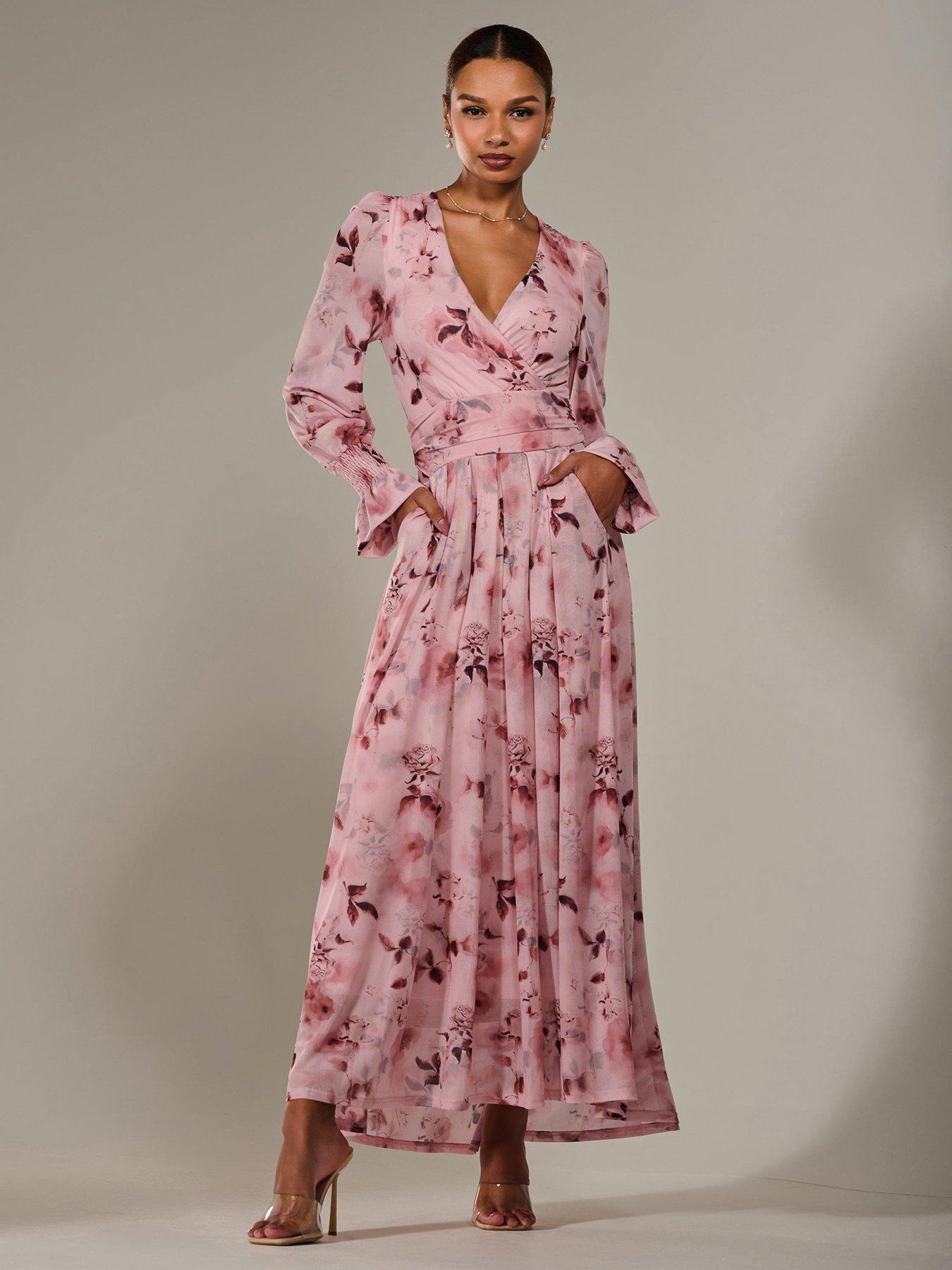 Image 1 of 7 of Jolie Moi Long Sleeve Mesh Maxi Dress - Pink
