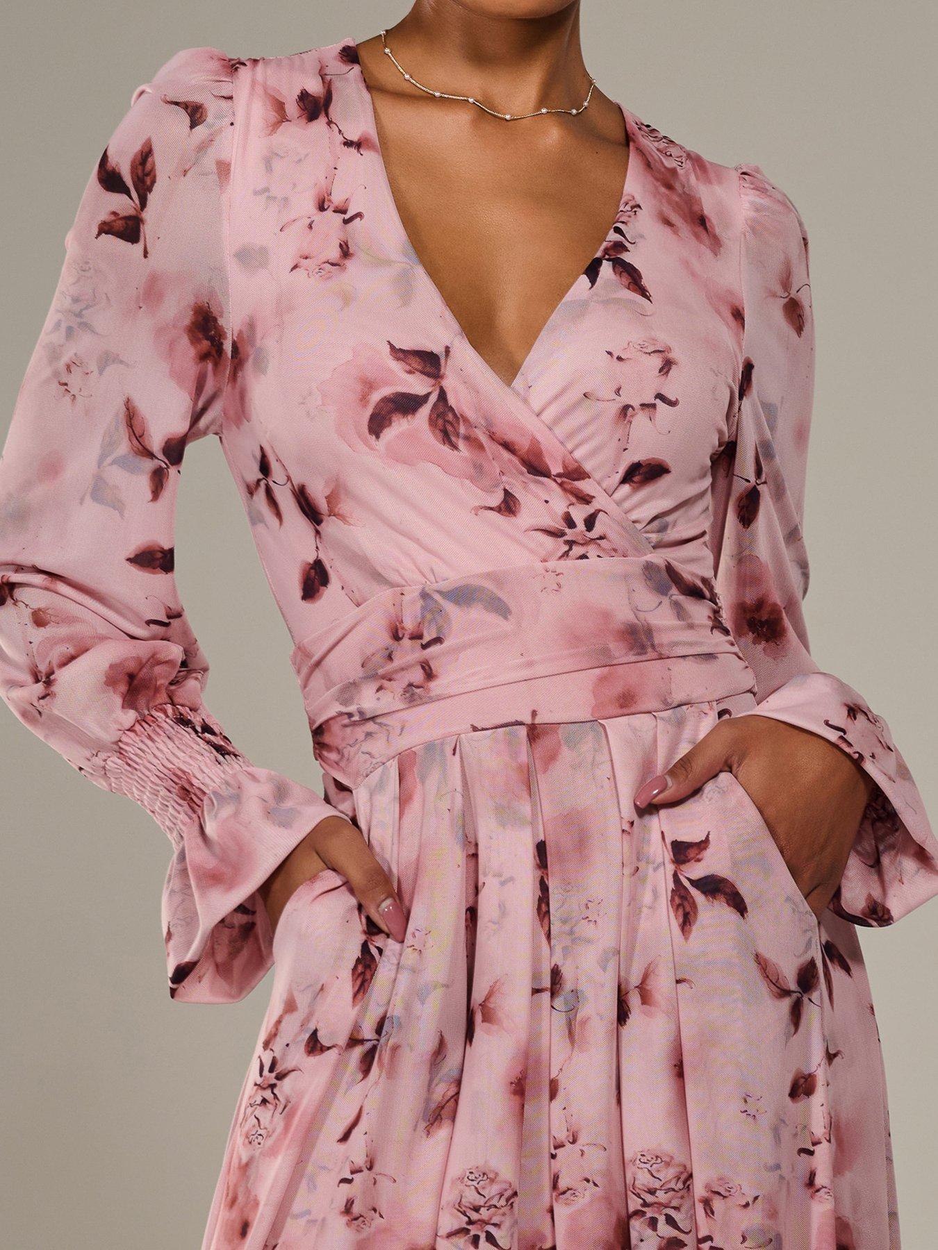 Image 4 of 7 of Jolie Moi Long Sleeve Mesh Maxi Dress - Pink