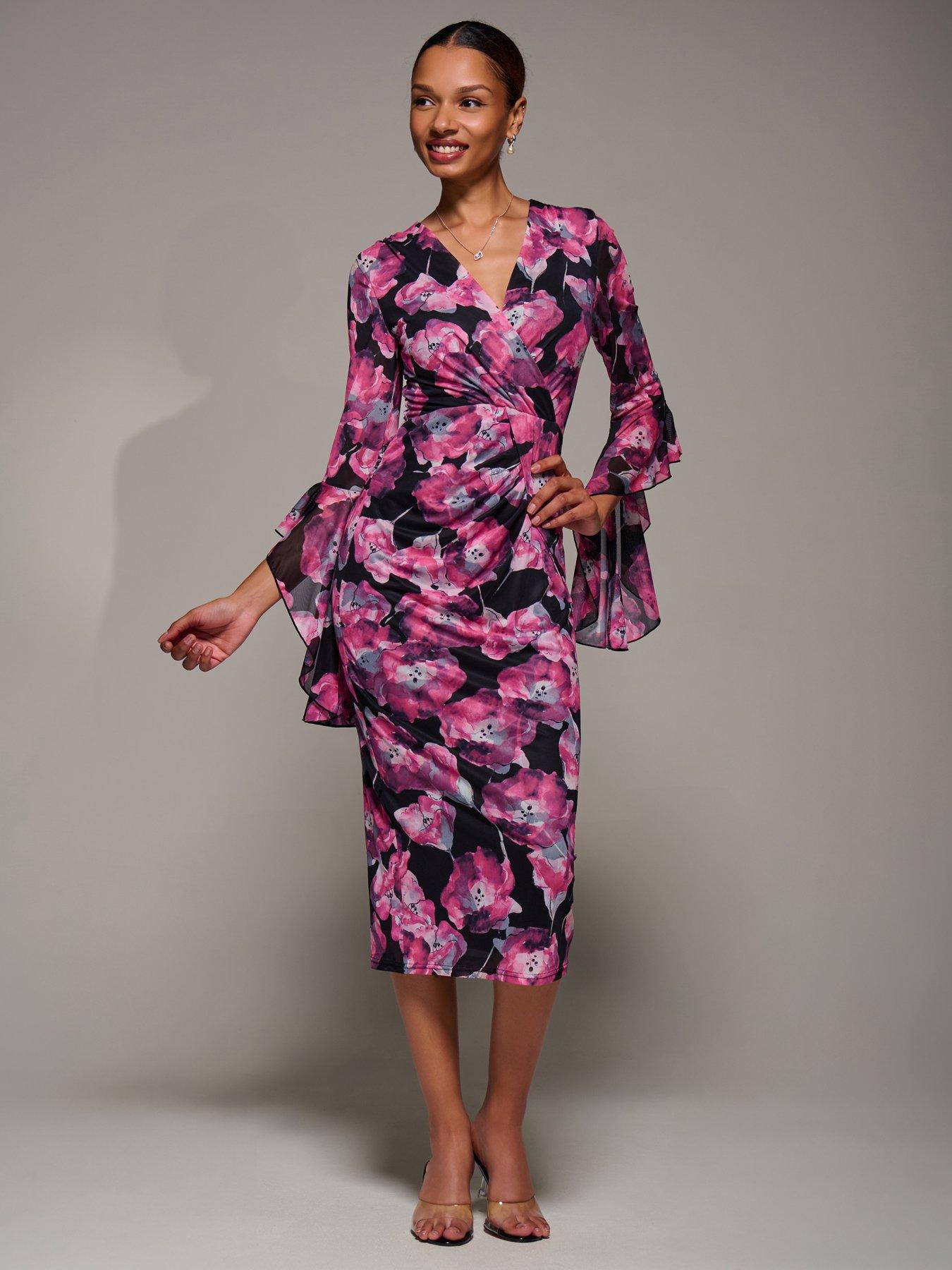 Jolie Moi Ruffle Sleeve Ruched Mesh Bodycon Dress - Pink