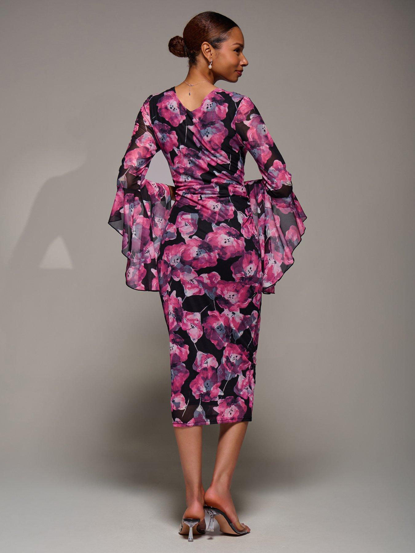 Image 2 of 7 of Jolie Moi Ruffle Sleeve Ruched Mesh Bodycon Dress - Pink