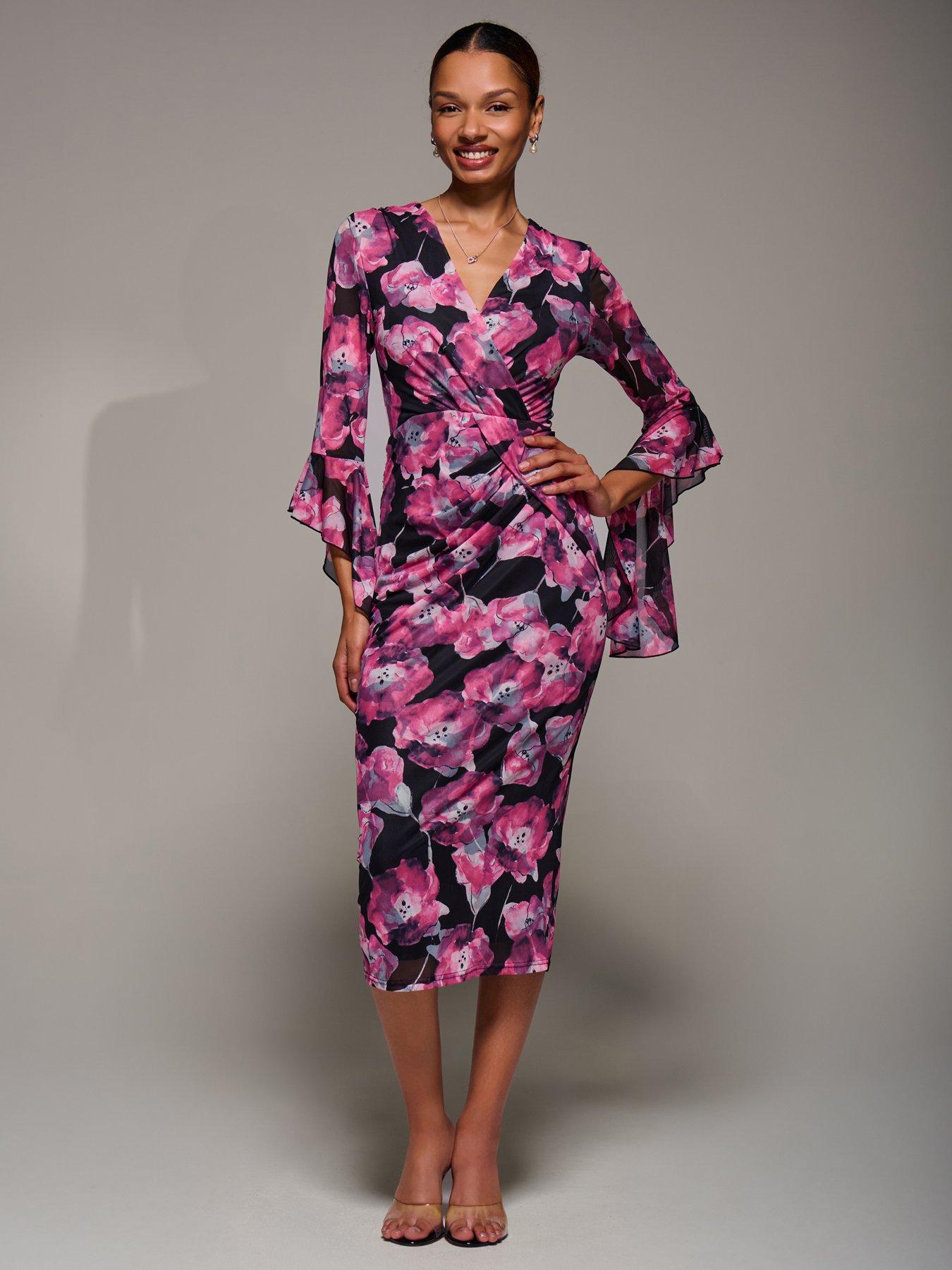 Image 3 of 7 of Jolie Moi Ruffle Sleeve Ruched Mesh Bodycon Dress - Pink
