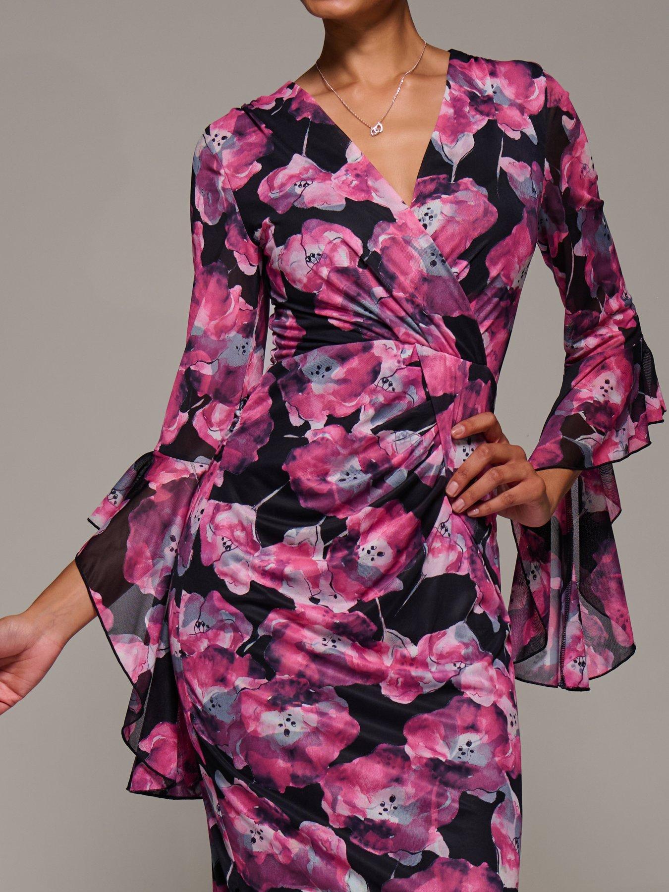 Image 4 of 7 of Jolie Moi Ruffle Sleeve Ruched Mesh Bodycon Dress - Pink